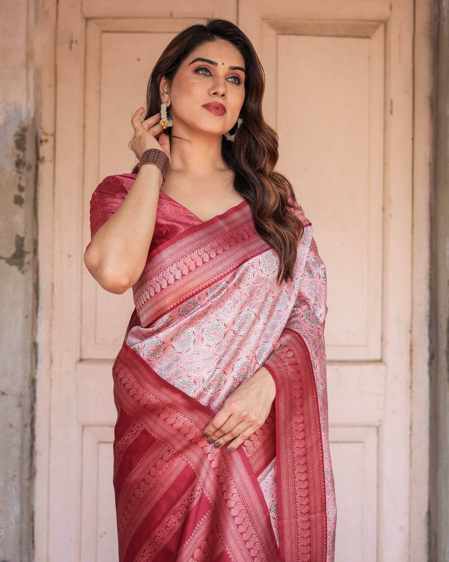Crimson Red Banarasi Silk Saree with Geometric Digital Print & Zari Border - SEEANS