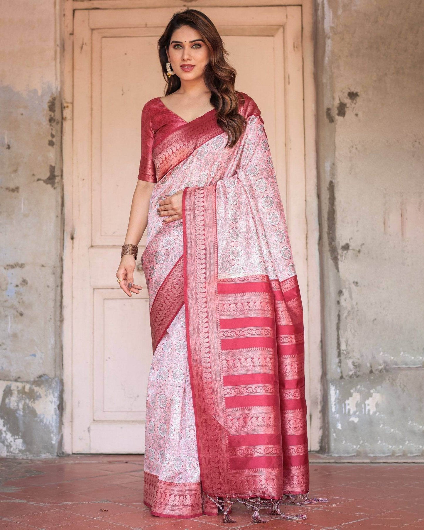 Crimson Red Banarasi Silk Saree with Geometric Digital Print & Zari Border - SEEANS