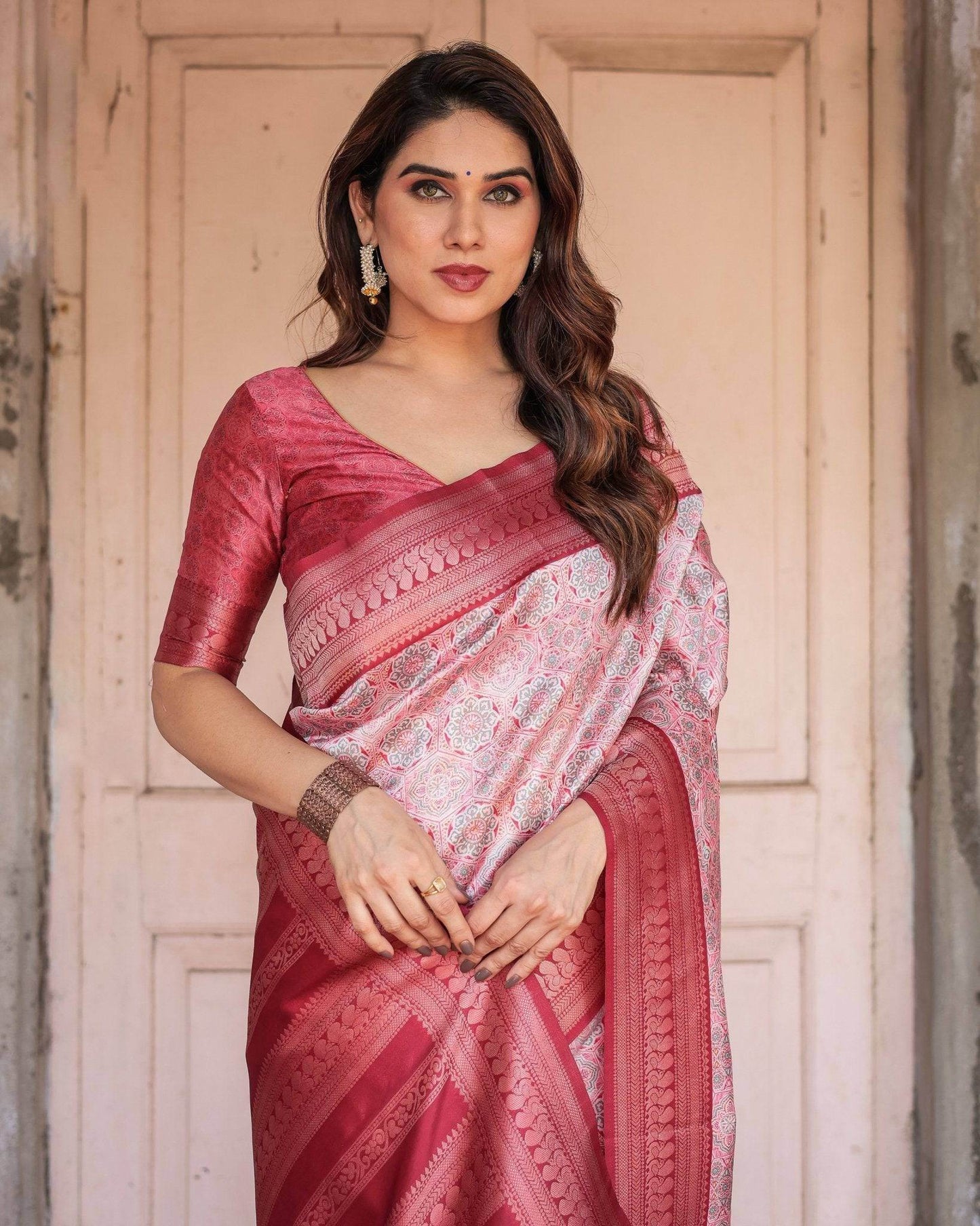 Crimson Red Banarasi Silk Saree with Geometric Digital Print & Zari Border - SEEANS