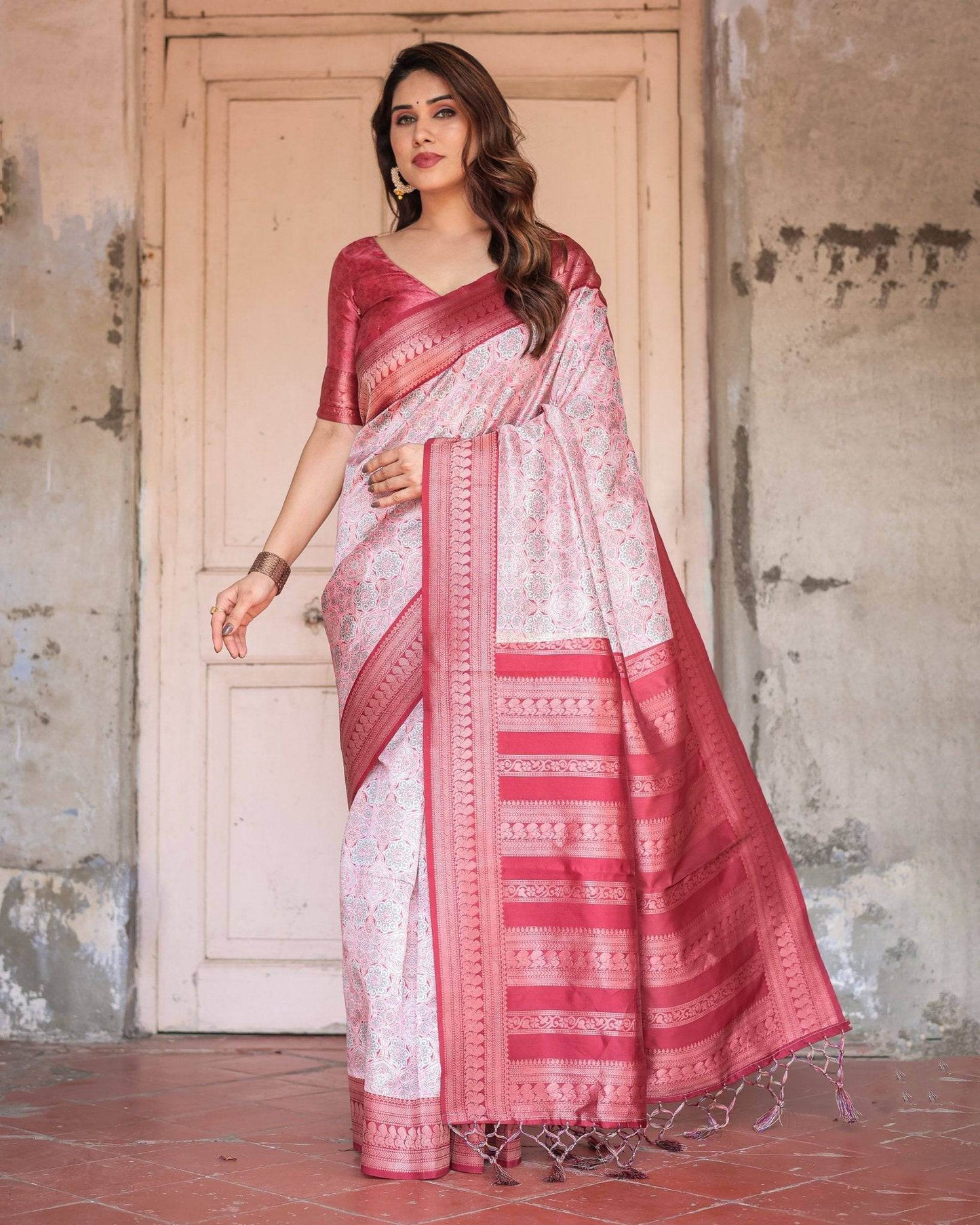 Crimson Red Banarasi Silk Saree with Geometric Digital Print & Zari Border - SEEANS
