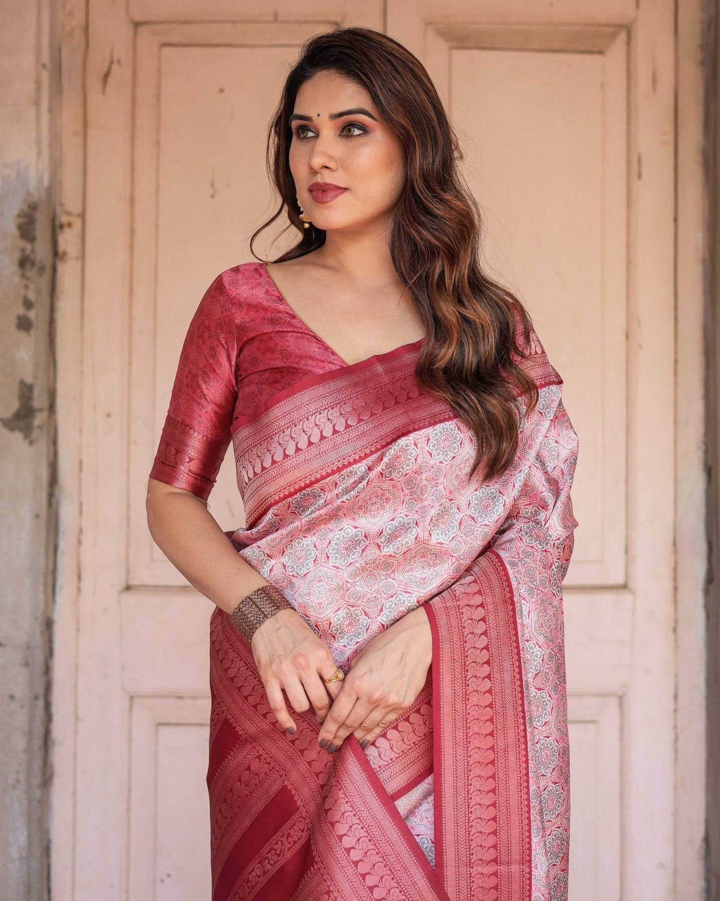 Crimson Red Banarasi Silk Saree with Geometric Digital Print & Zari Border - SEEANS