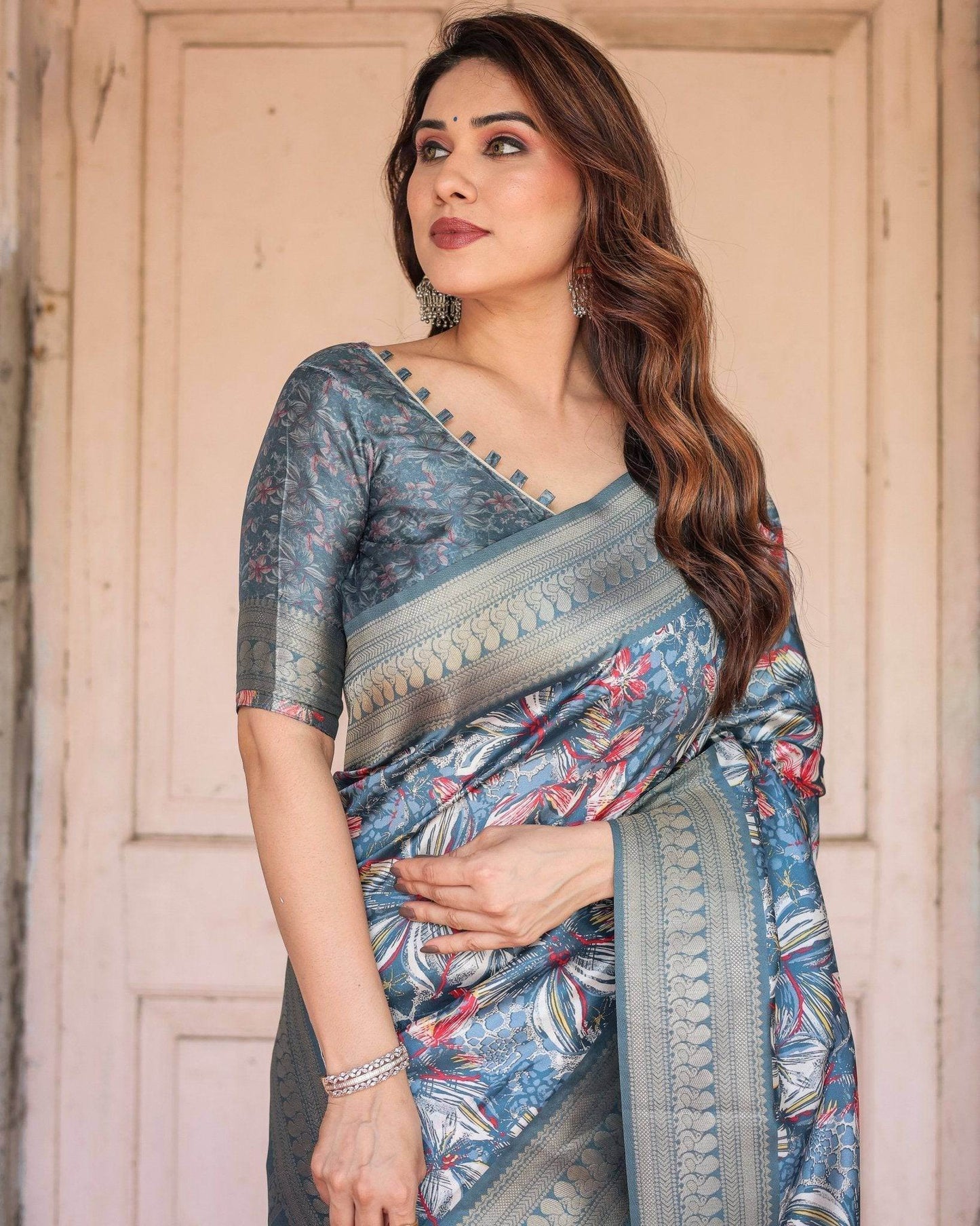 Steel Blue Banarasi Silk Saree with Tropical Floral Digital Print & Zari Border - SEEANS