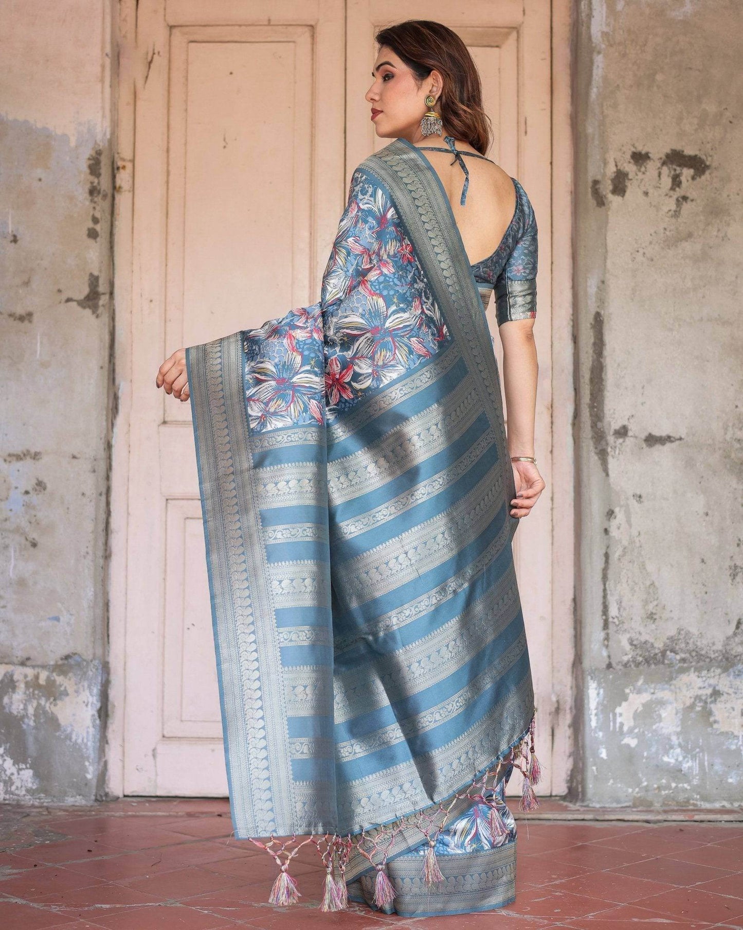 Steel Blue Banarasi Silk Saree with Tropical Floral Digital Print & Zari Border - SEEANS