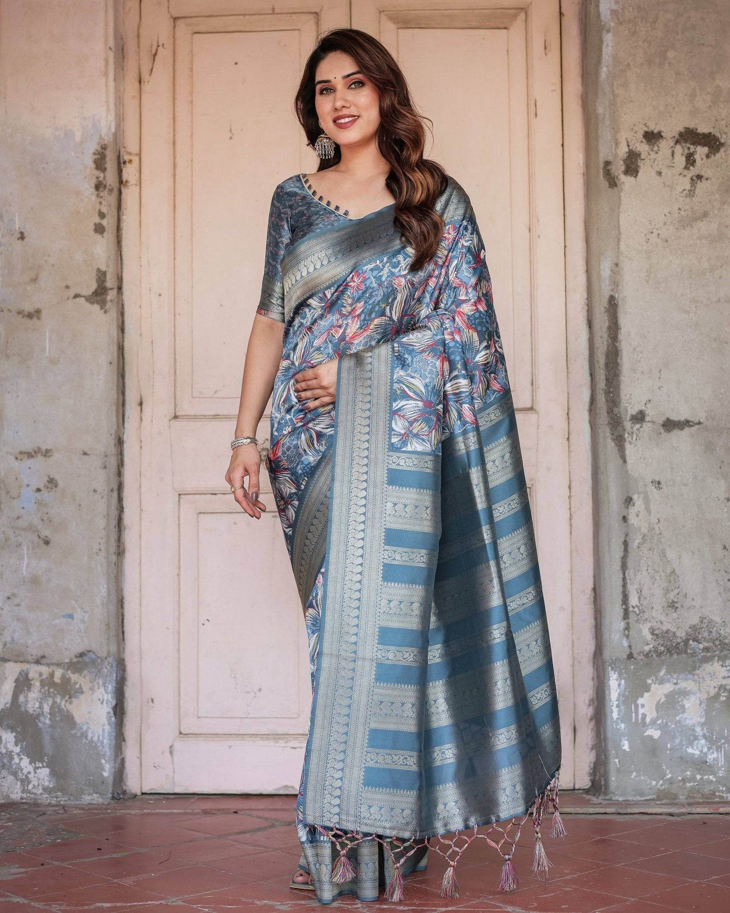 Steel Blue Banarasi Silk Saree with Tropical Floral Digital Print & Zari Border - SEEANS