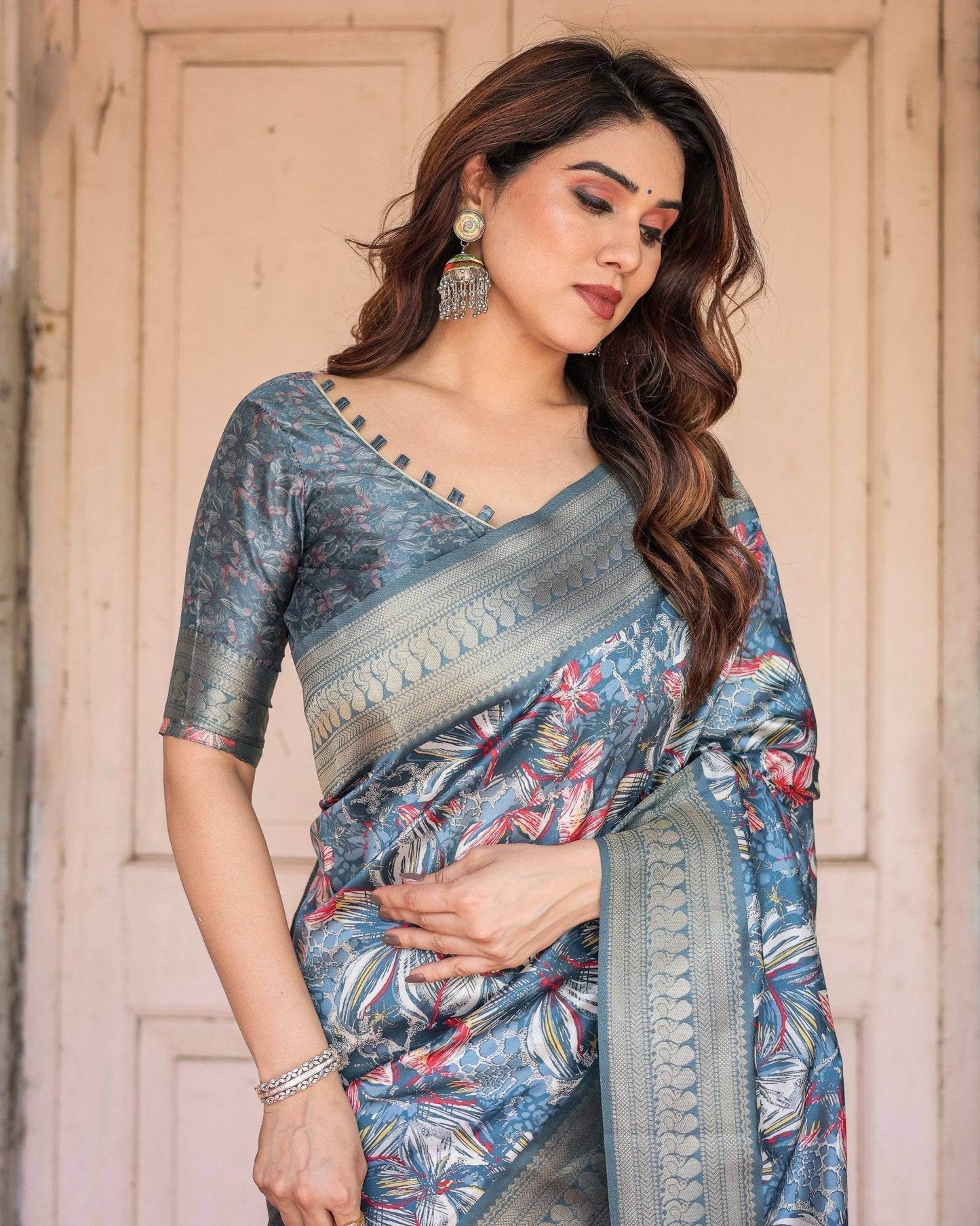 Steel Blue Banarasi Silk Saree with Tropical Floral Digital Print & Zari Border - SEEANS