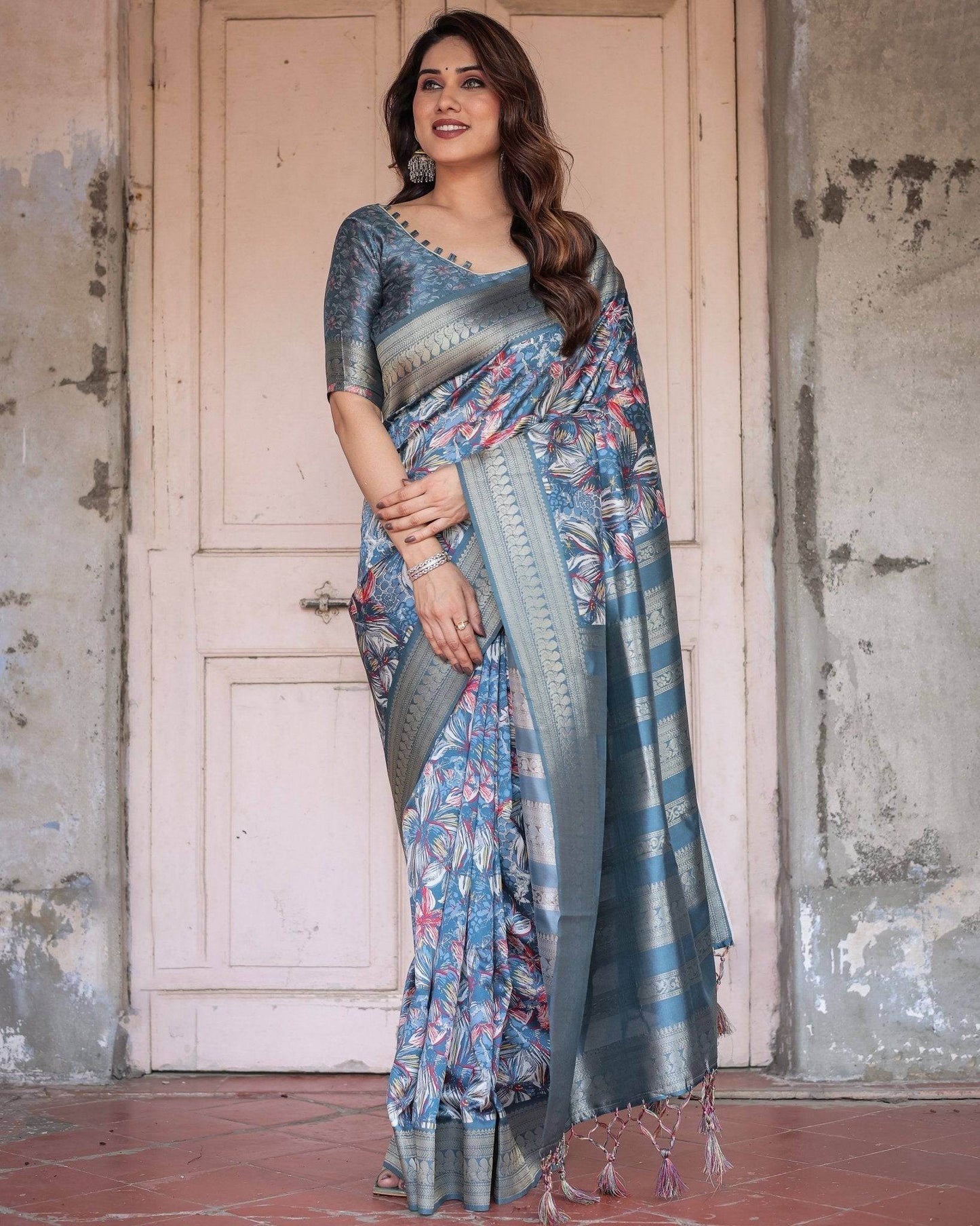 Steel Blue Banarasi Silk Saree with Tropical Floral Digital Print & Zari Border - SEEANS