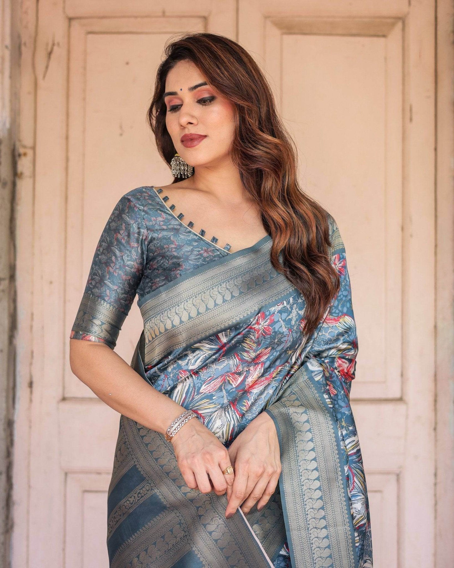 Steel Blue Banarasi Silk Saree with Tropical Floral Digital Print & Zari Border - SEEANS