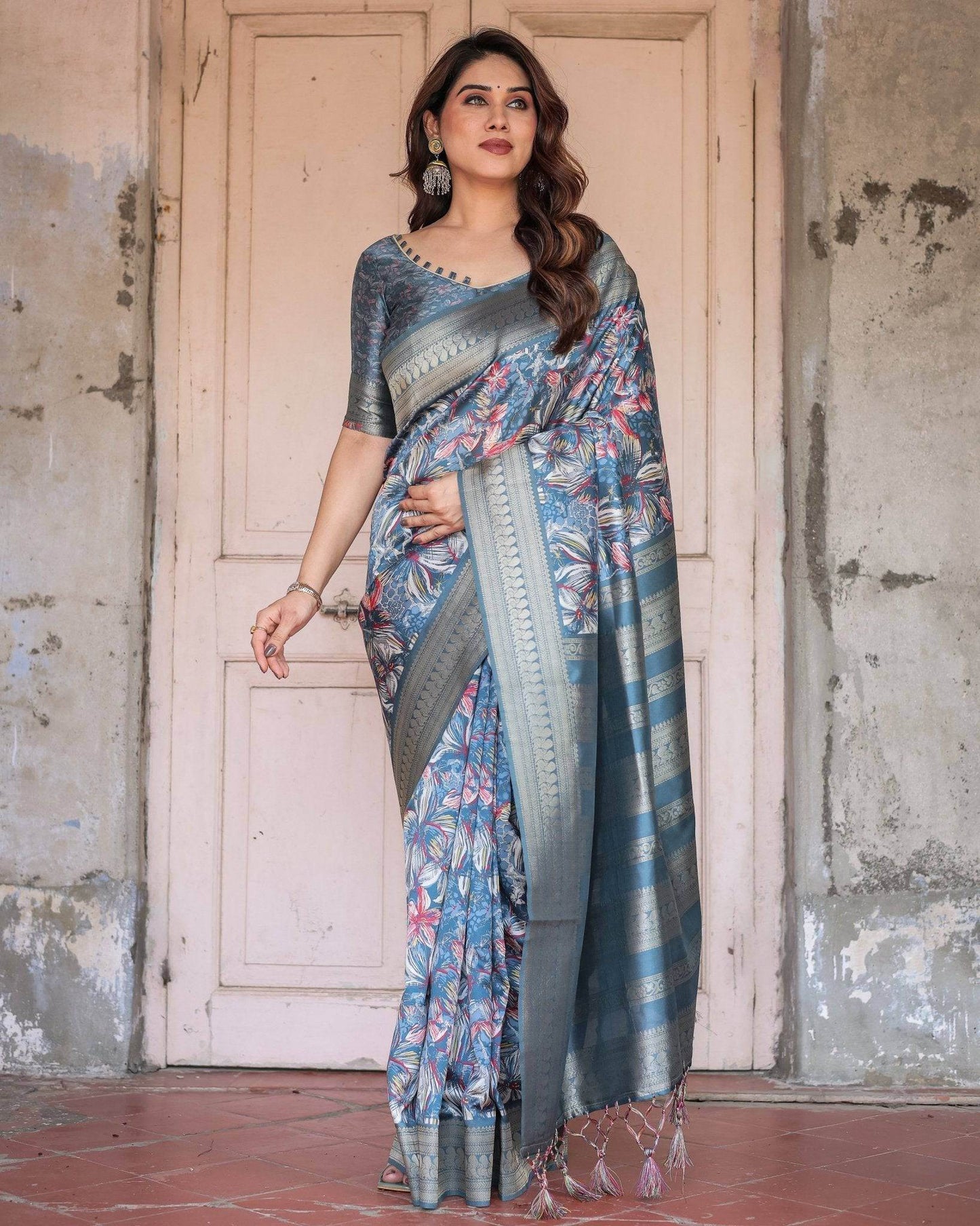 Steel Blue Banarasi Silk Saree with Tropical Floral Digital Print & Zari Border - SEEANS