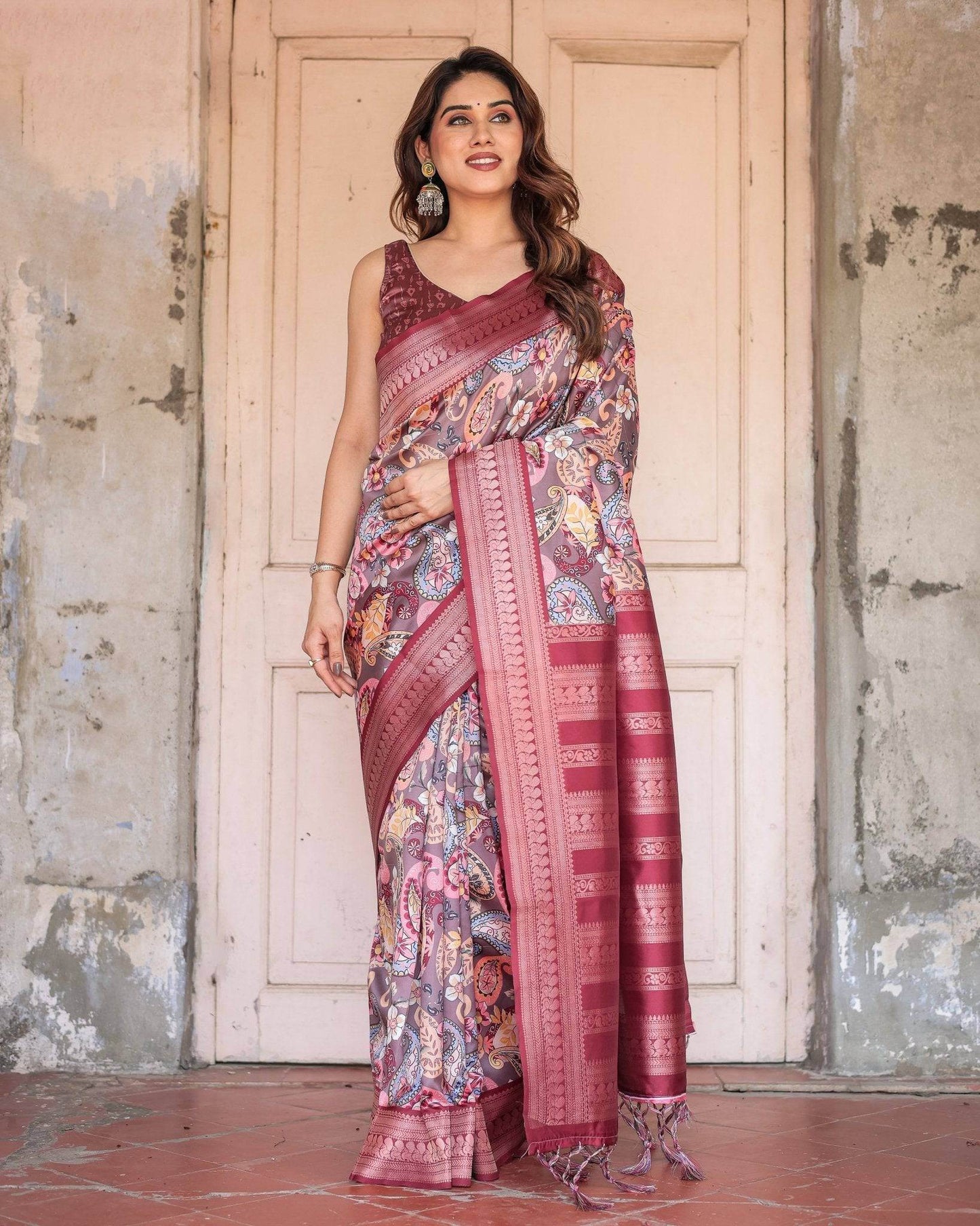 Wine Banarasi Silk Saree with Paisley and Floral Digital Print & Zari Border - SEEANS