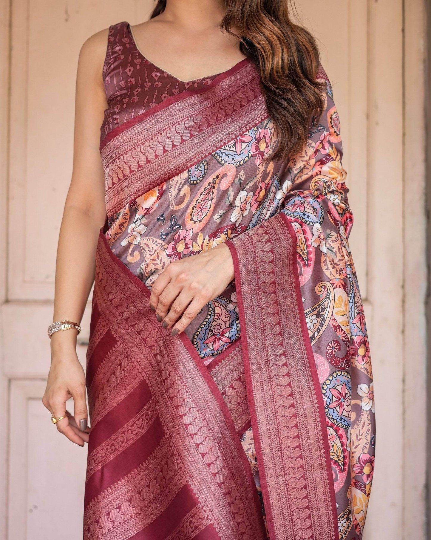 Wine Banarasi Silk Saree with Paisley and Floral Digital Print & Zari Border - SEEANS