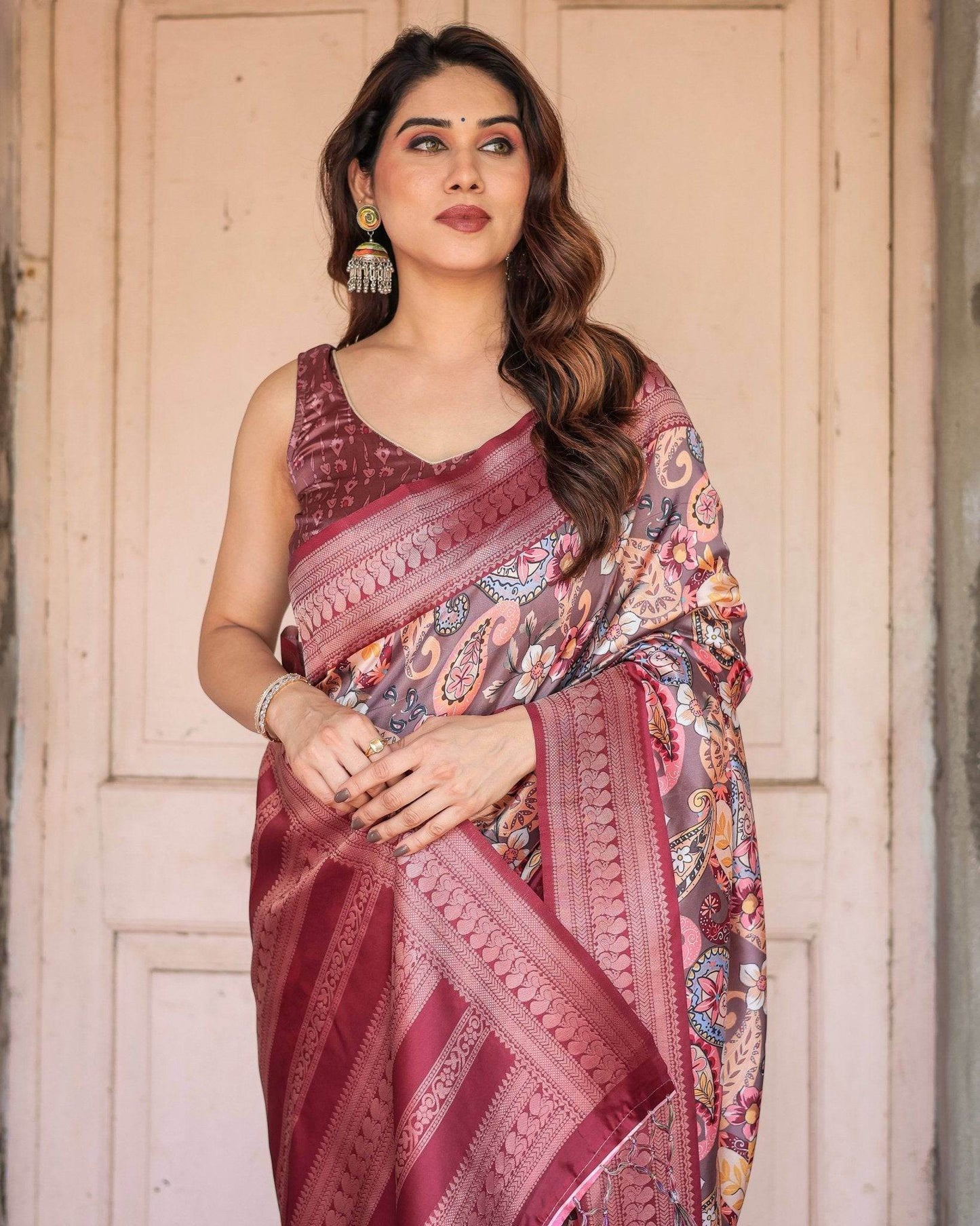 Wine Banarasi Silk Saree with Paisley and Floral Digital Print & Zari Border - SEEANS