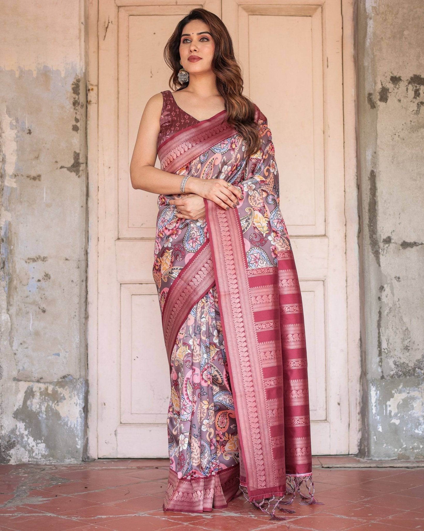Wine Banarasi Silk Saree with Paisley and Floral Digital Print & Zari Border - SEEANS