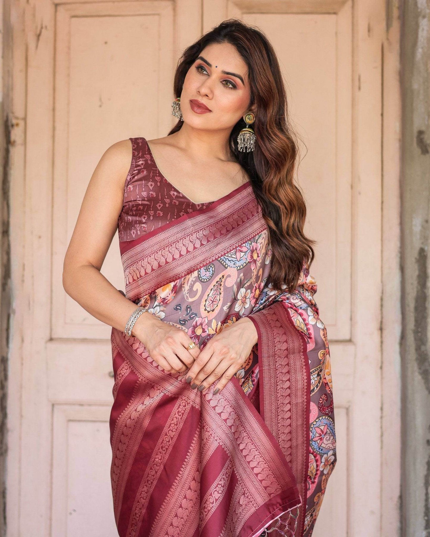 Wine Banarasi Silk Saree with Paisley and Floral Digital Print & Zari Border - SEEANS