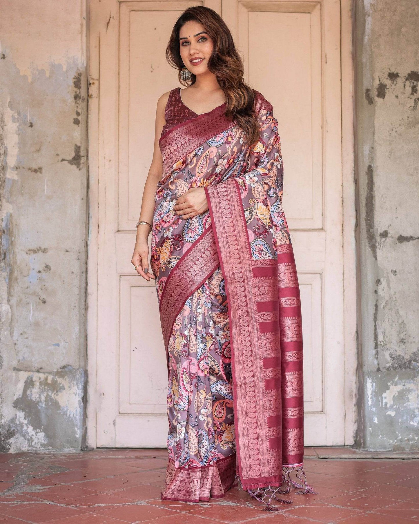 Wine Banarasi Silk Saree with Paisley and Floral Digital Print & Zari Border - SEEANS