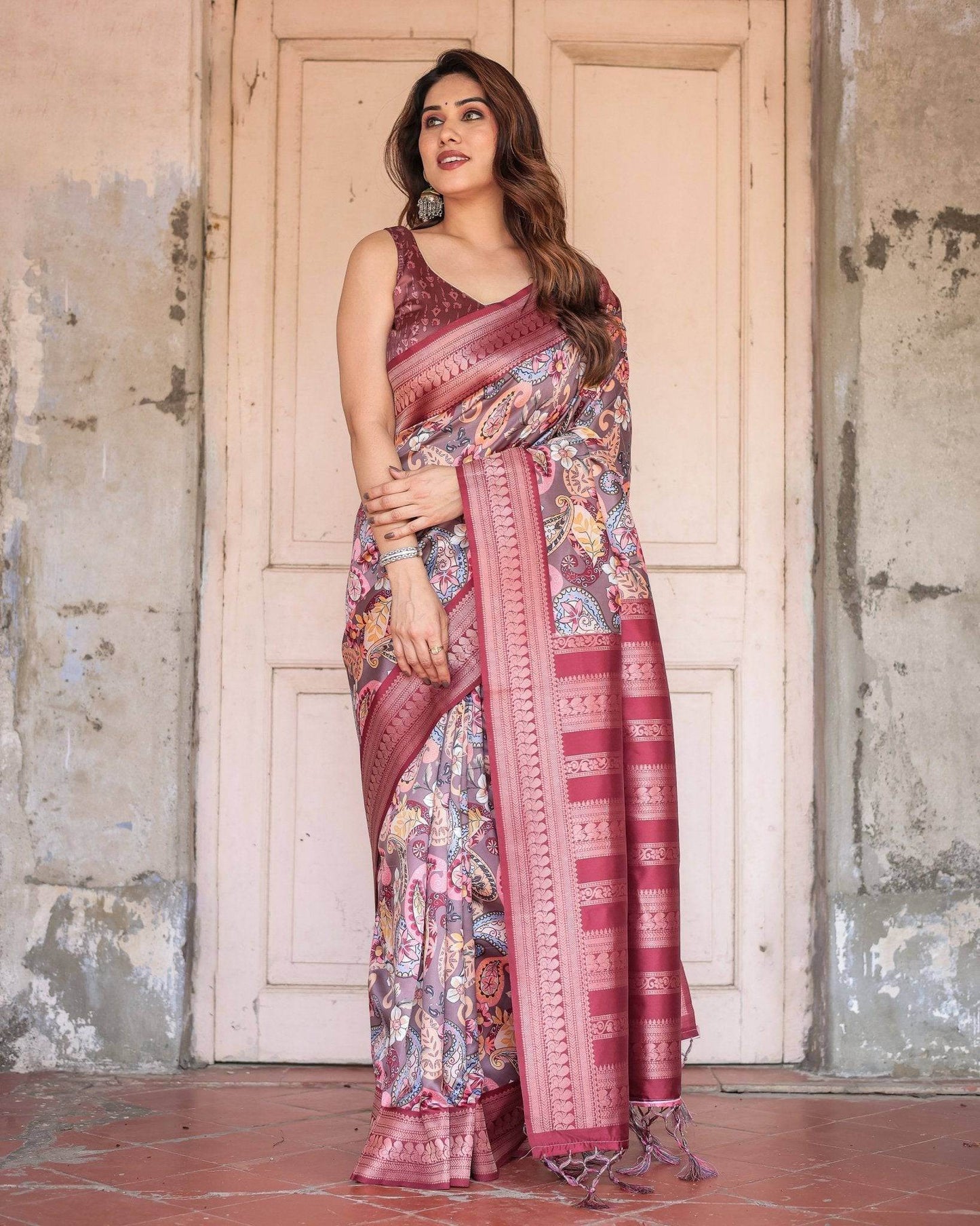 Wine Banarasi Silk Saree with Paisley and Floral Digital Print & Zari Border - SEEANS