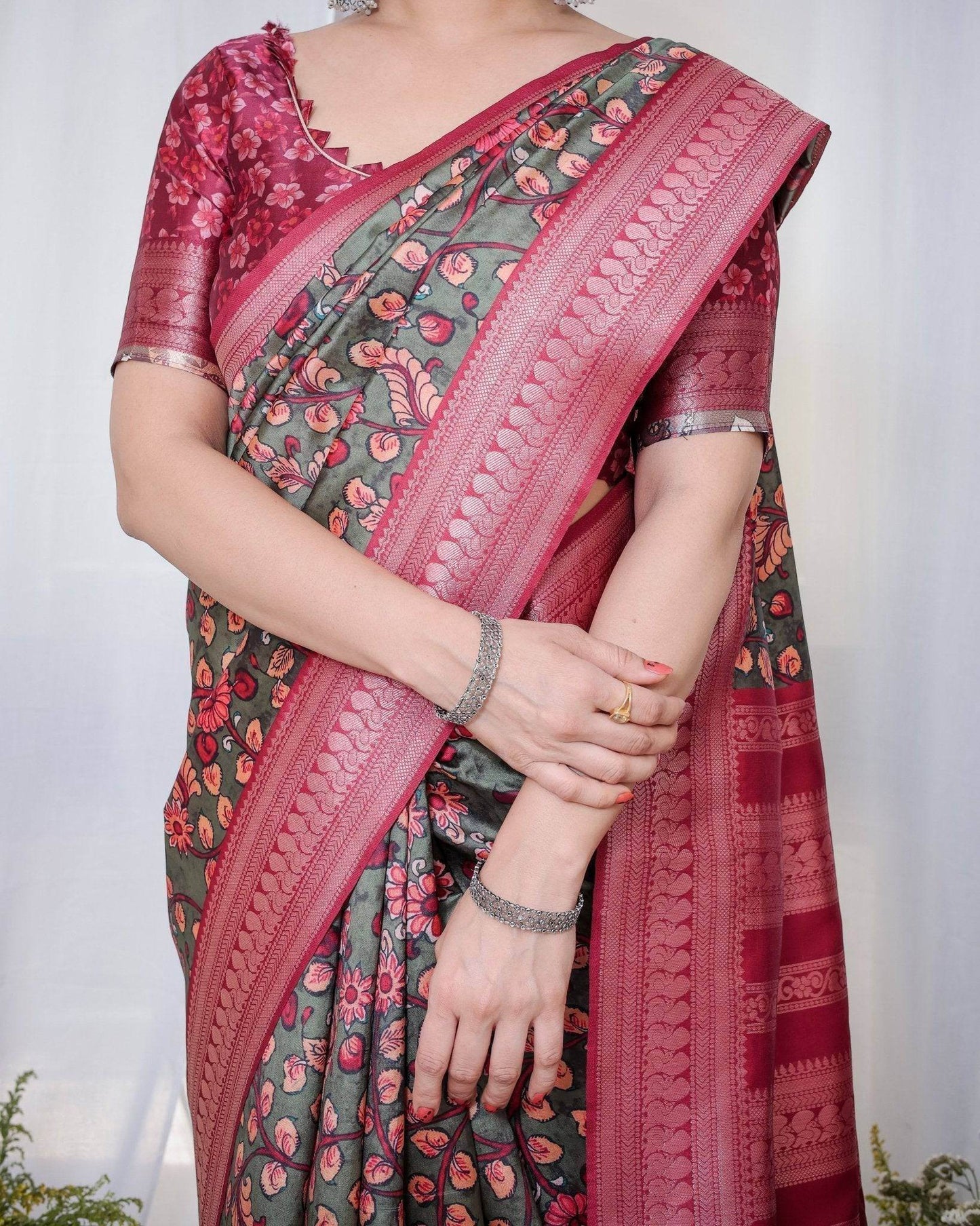 Elegant Banarasi Silk Saree in Deep Green with Floral Zari and Tassels - SEEANS