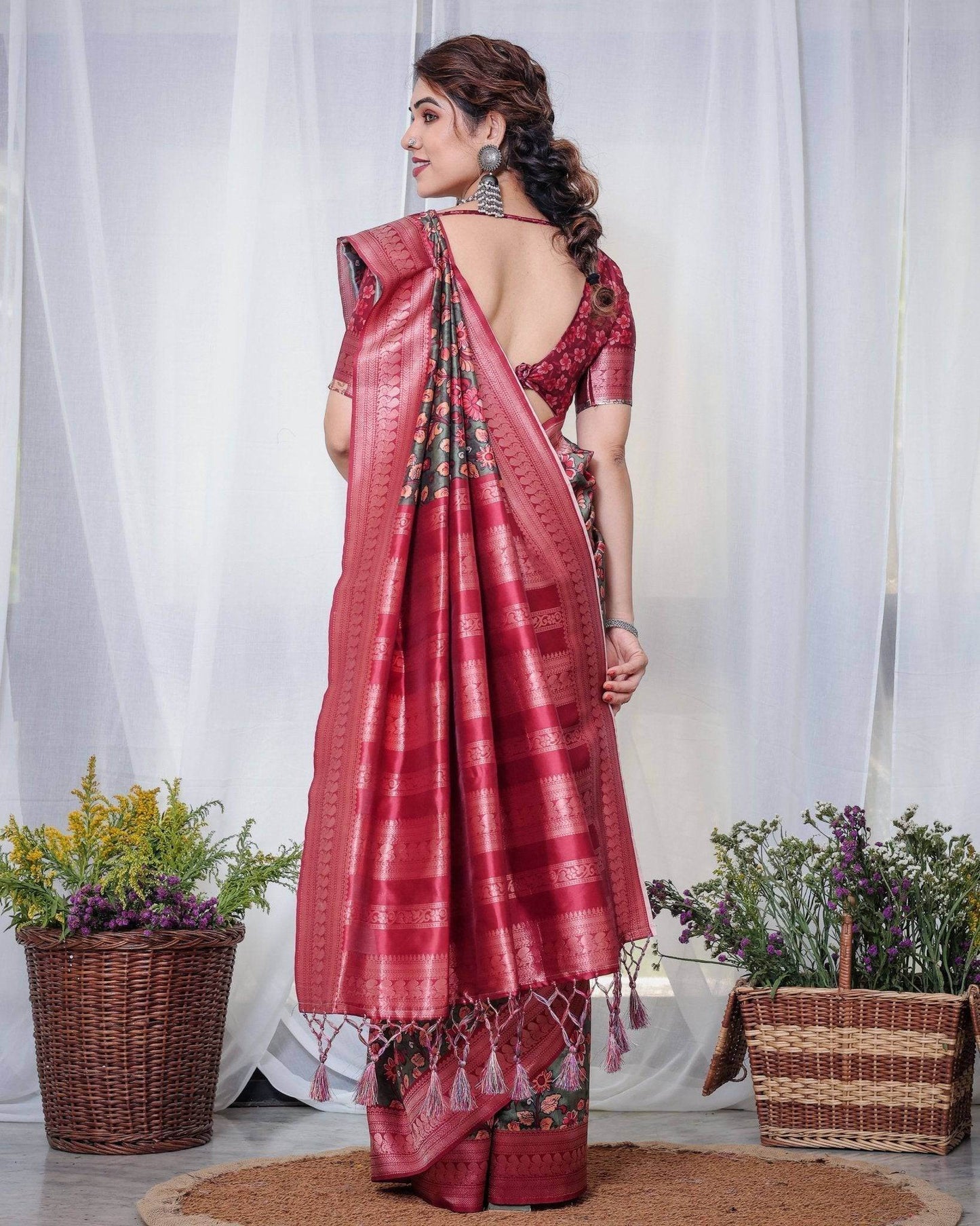 Elegant Banarasi Silk Saree in Deep Green with Floral Zari and Tassels - SEEANS