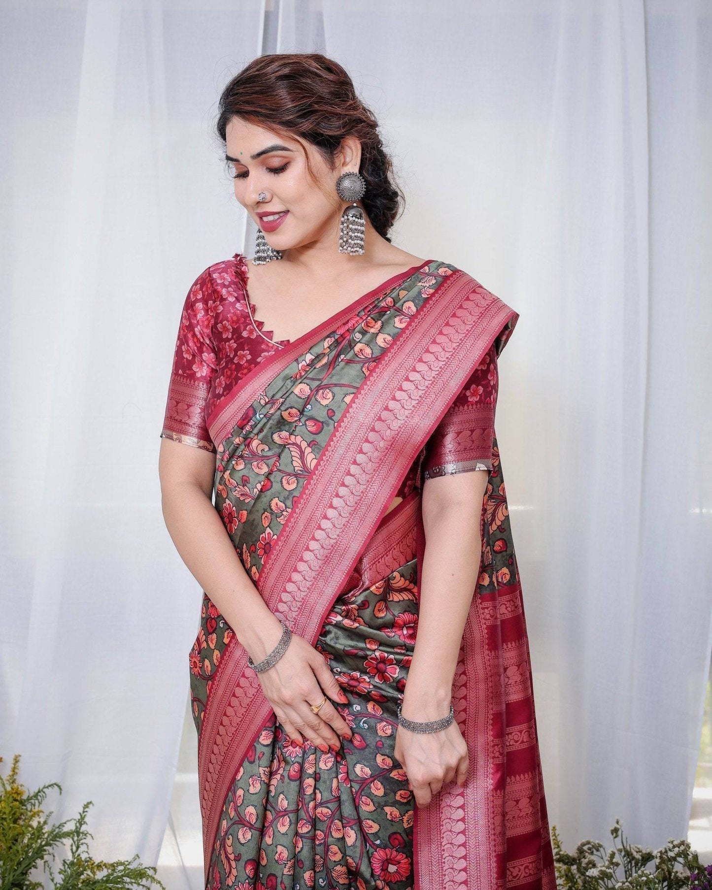 Elegant Banarasi Silk Saree in Deep Green with Floral Zari and Tassels - SEEANS