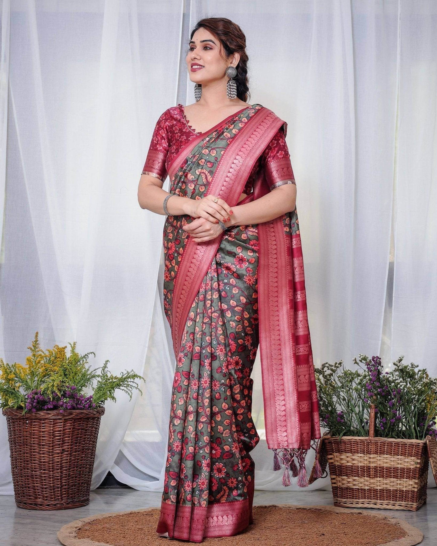 Elegant Banarasi Silk Saree in Deep Green with Floral Zari and Tassels - SEEANS