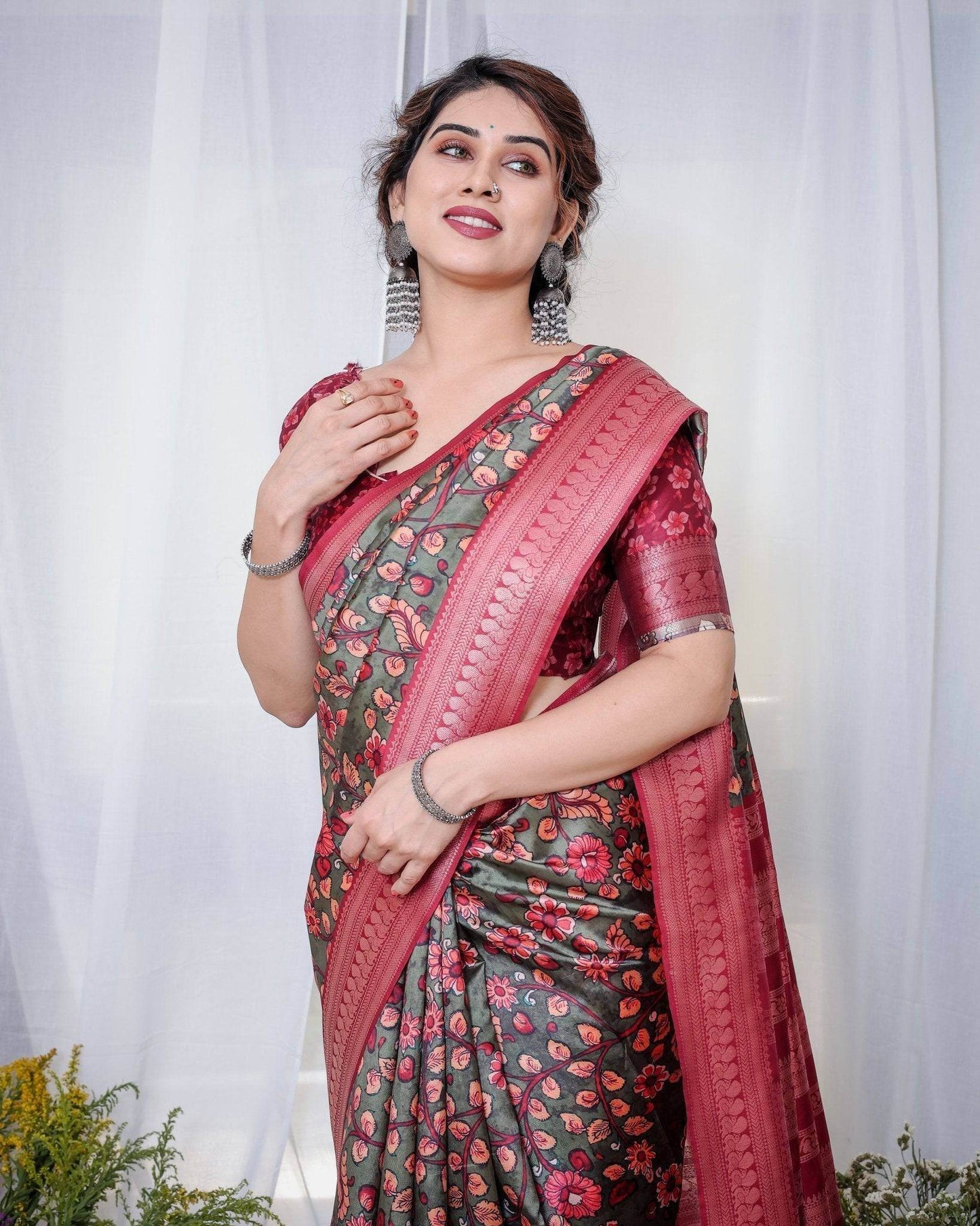 Elegant Banarasi Silk Saree in Deep Green with Floral Zari and Tassels - SEEANS