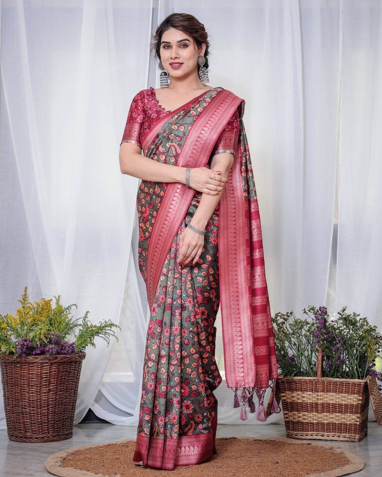 Elegant Banarasi Silk Saree in Deep Green with Floral Zari and Tassels - SEEANS