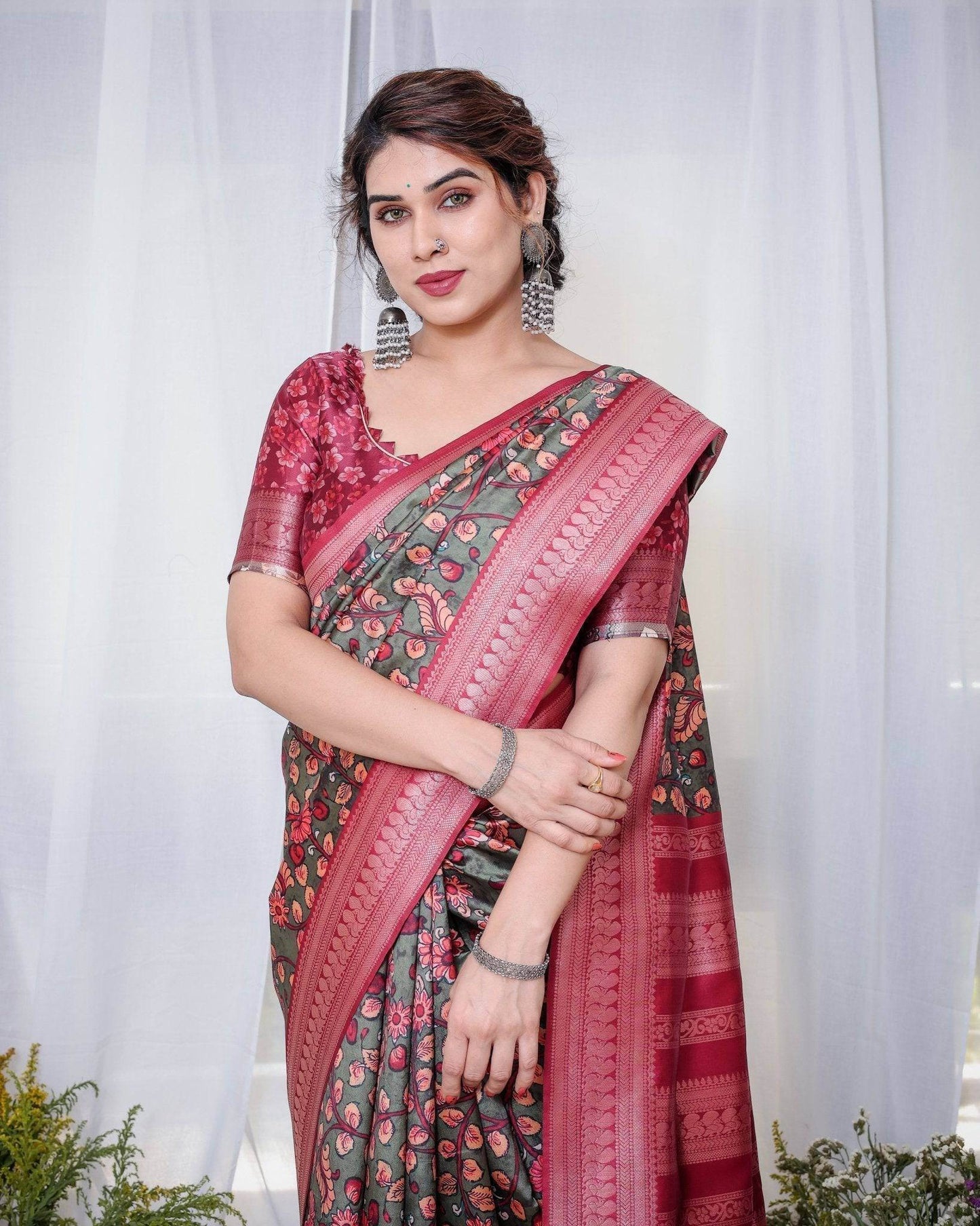 Elegant Banarasi Silk Saree in Deep Green with Floral Zari and Tassels - SEEANS