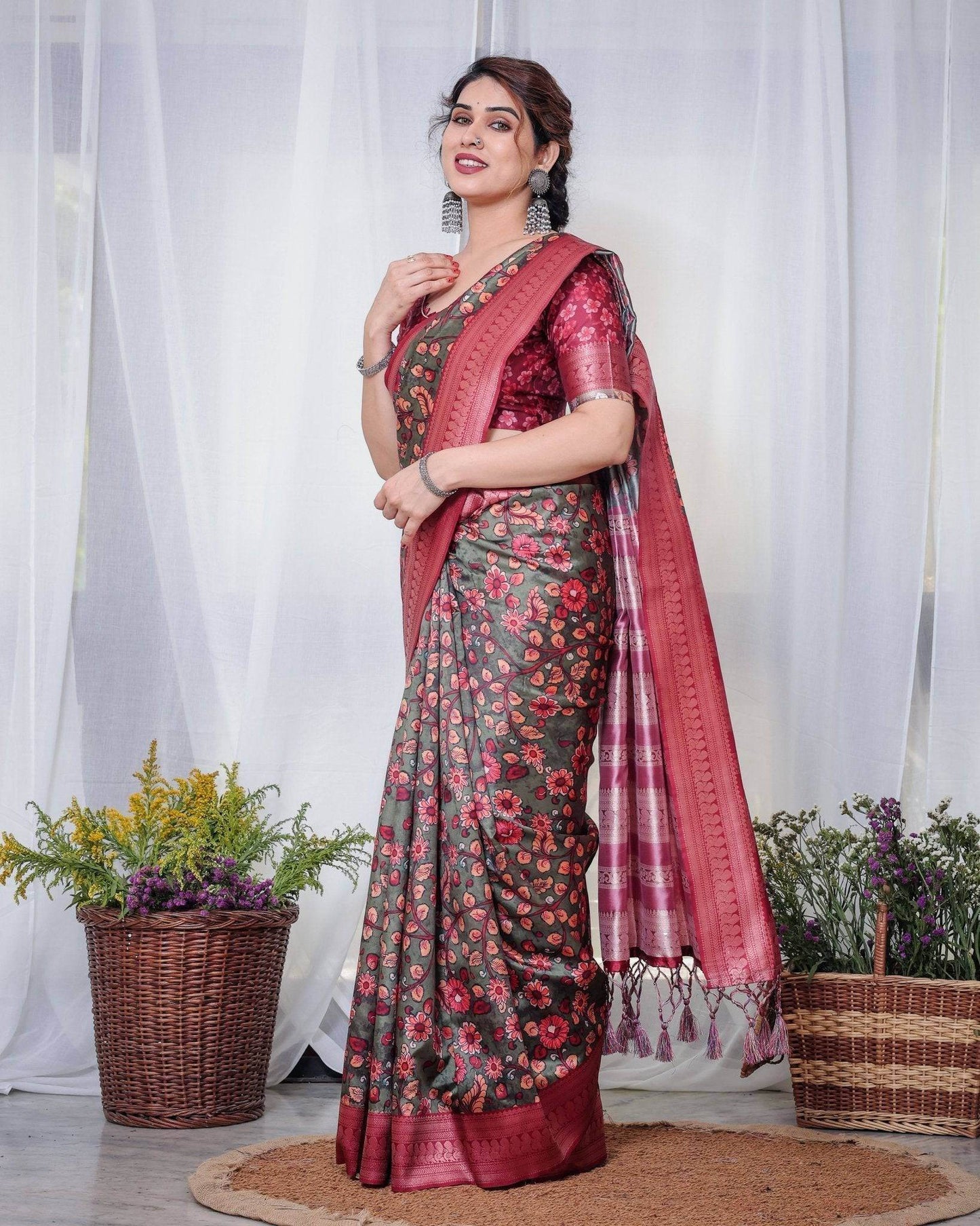 Elegant Banarasi Silk Saree in Deep Green with Floral Zari and Tassels - SEEANS
