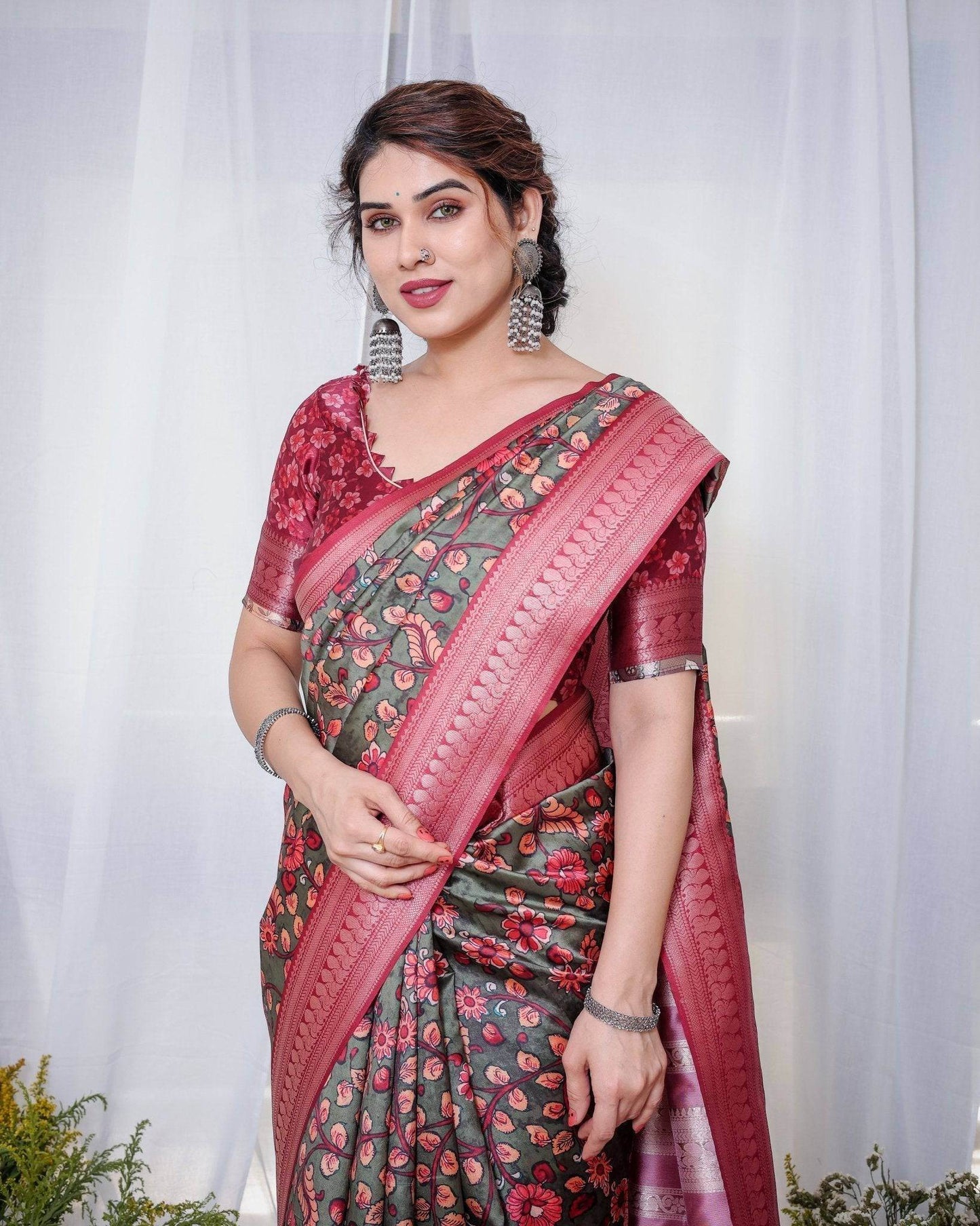 Elegant Banarasi Silk Saree in Deep Green with Floral Zari and Tassels - SEEANS