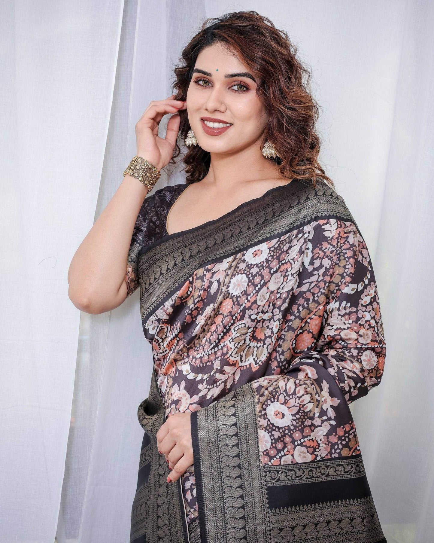 Exquisite Black and Pink Floral Banarasi Silk Saree with Intricate Tassels - SEEANS