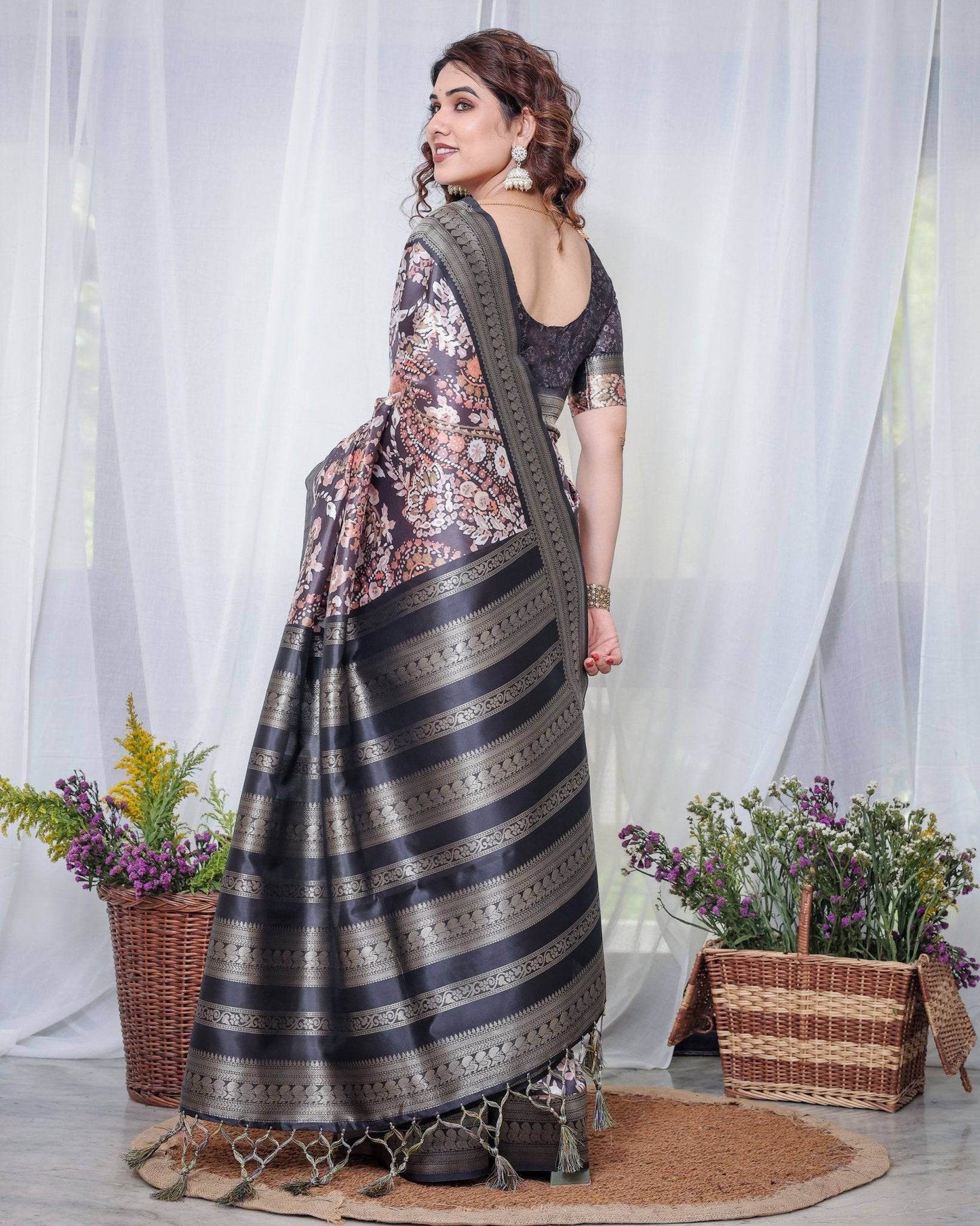 Exquisite Black and Pink Floral Banarasi Silk Saree with Intricate Tassels - SEEANS