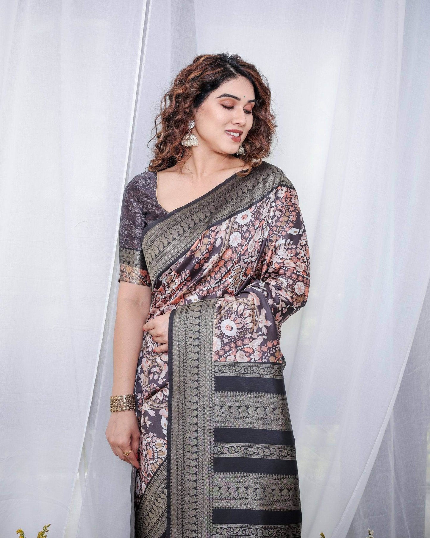 Exquisite Black and Pink Floral Banarasi Silk Saree with Intricate Tassels - SEEANS