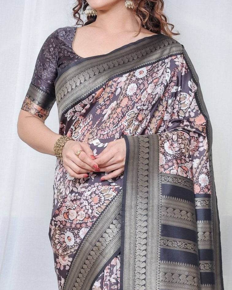 Exquisite Black and Pink Floral Banarasi Silk Saree with Intricate Tassels - SEEANS