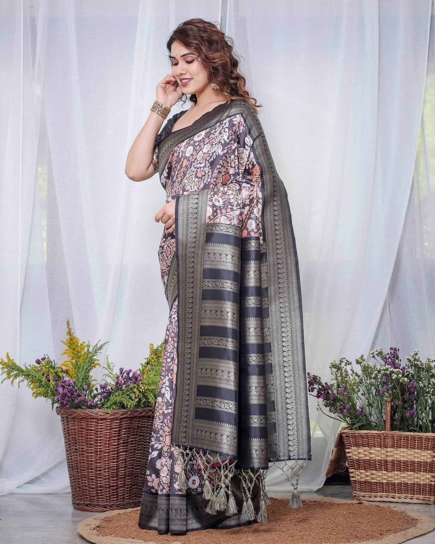 Exquisite Black and Pink Floral Banarasi Silk Saree with Intricate Tassels - SEEANS