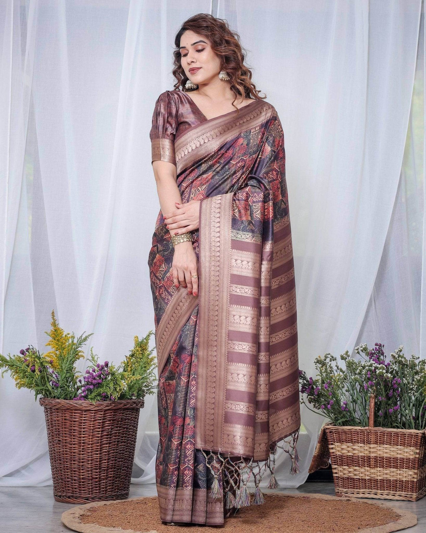 Chocolate Brown Banarasi Silk Saree with Tribal Digital Print, Zari Border & Tassel Pallu - SEEANS