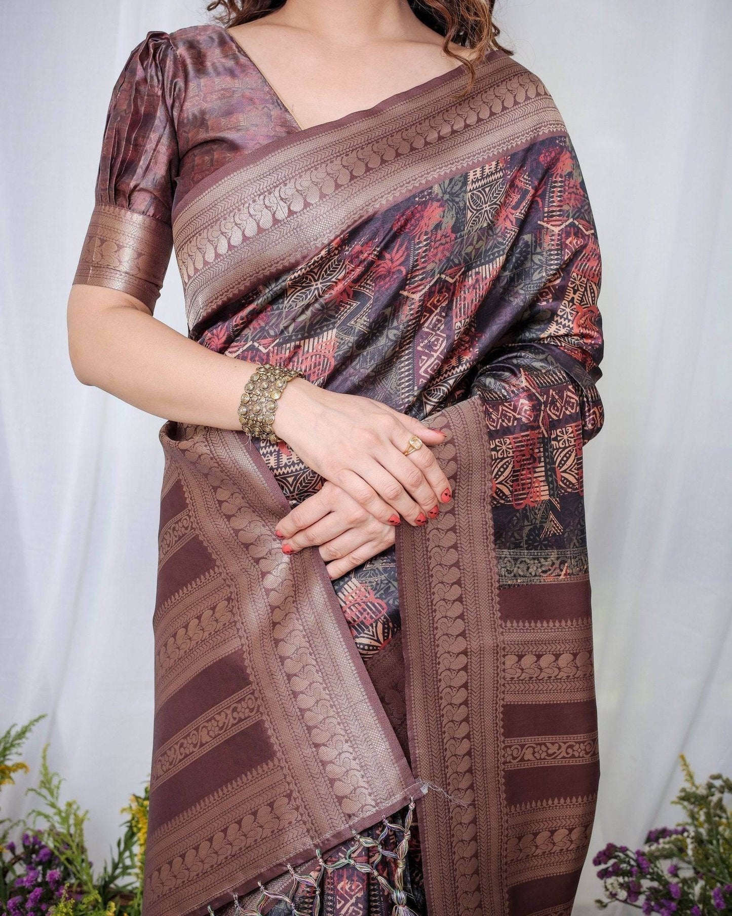 Chocolate Brown Banarasi Silk Saree with Tribal Digital Print, Zari Border & Tassel Pallu - SEEANS