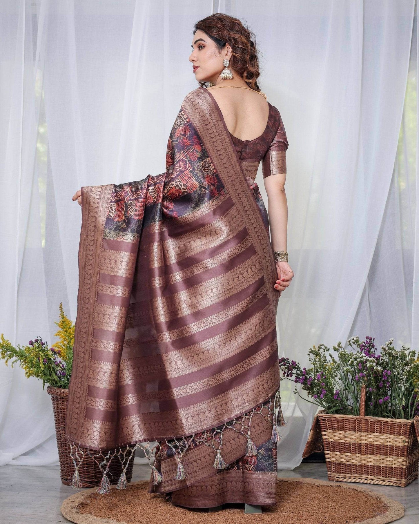 Chocolate Brown Banarasi Silk Saree with Tribal Digital Print, Zari Border & Tassel Pallu - SEEANS