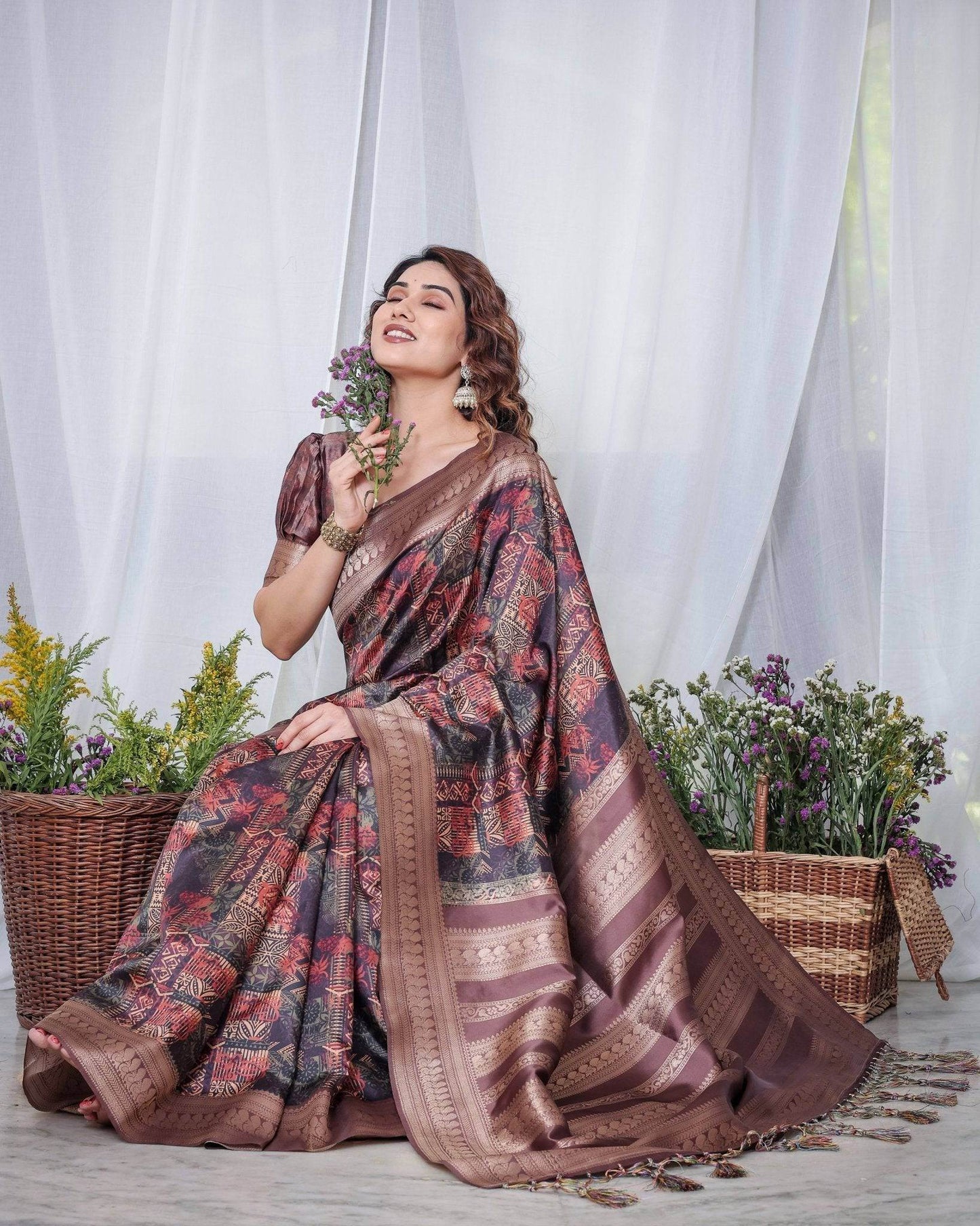 Chocolate Brown Banarasi Silk Saree with Tribal Digital Print, Zari Border & Tassel Pallu - SEEANS