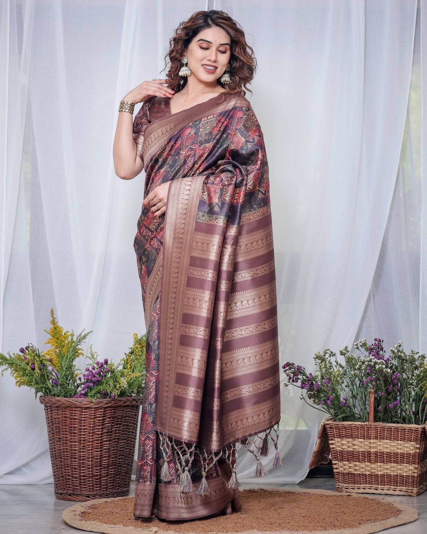 Chocolate Brown Banarasi Silk Saree with Tribal Digital Print, Zari Border & Tassel Pallu - SEEANS