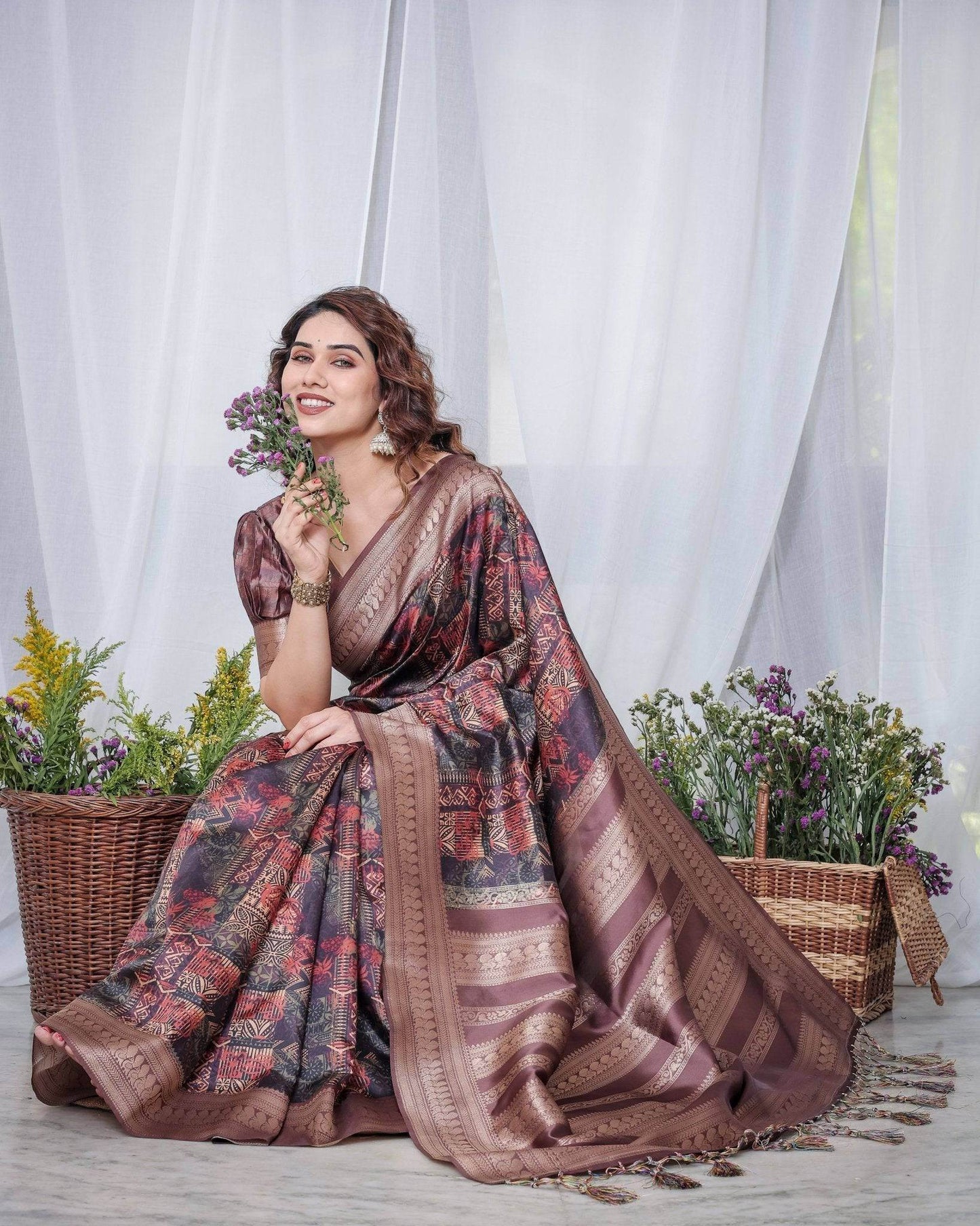 Chocolate Brown Banarasi Silk Saree with Tribal Digital Print, Zari Border & Tassel Pallu - SEEANS