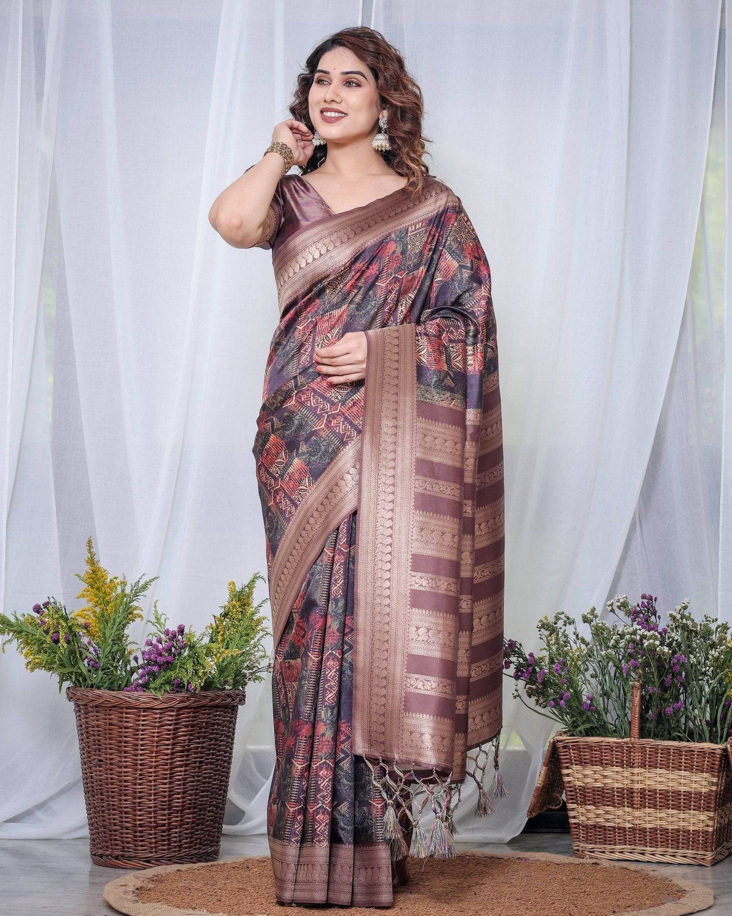 Chocolate Brown Banarasi Silk Saree with Tribal Digital Print, Zari Border & Tassel Pallu - SEEANS