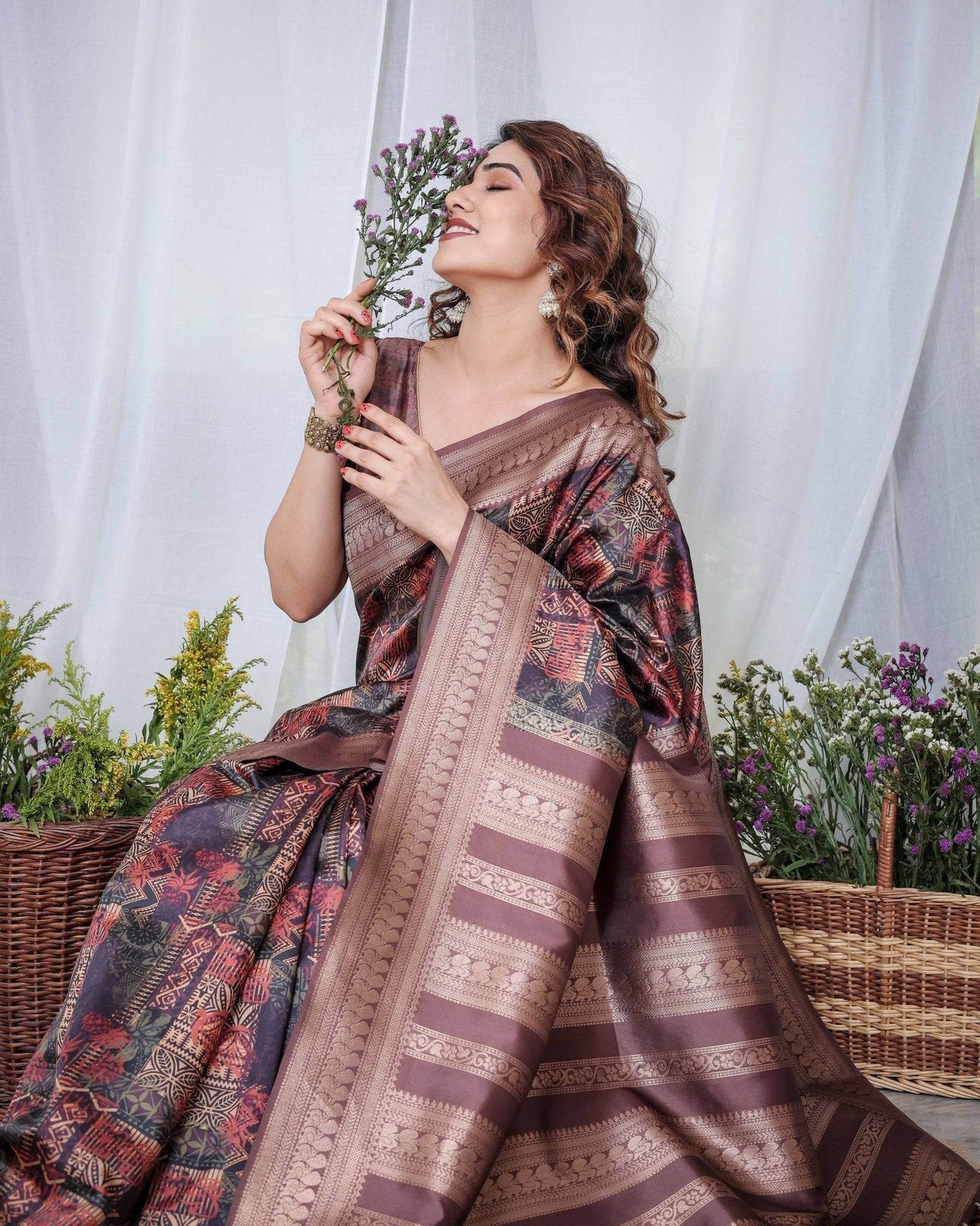 Chocolate Brown Banarasi Silk Saree with Tribal Digital Print, Zari Border & Tassel Pallu - SEEANS