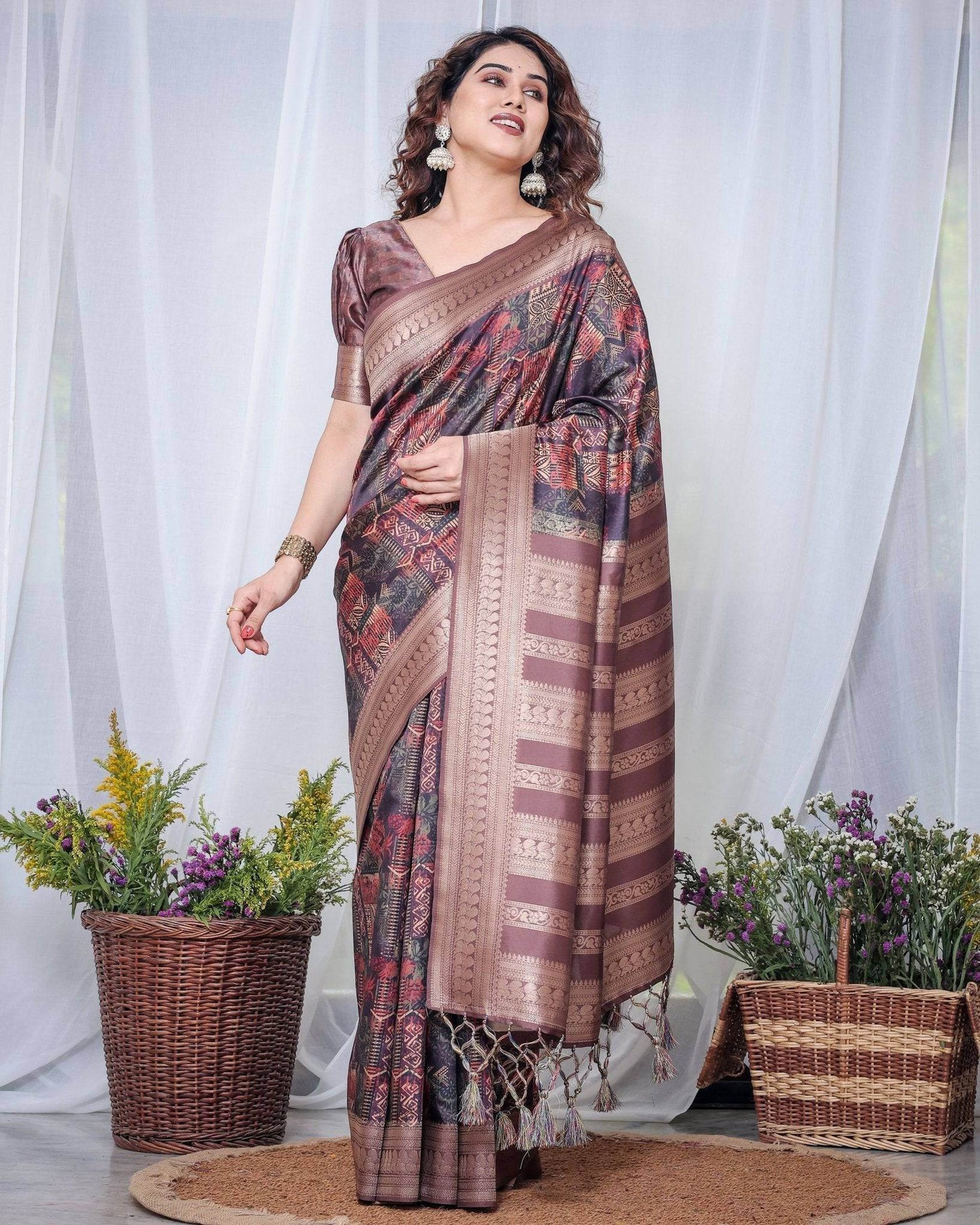 Chocolate Brown Banarasi Silk Saree with Tribal Digital Print, Zari Border & Tassel Pallu - SEEANS