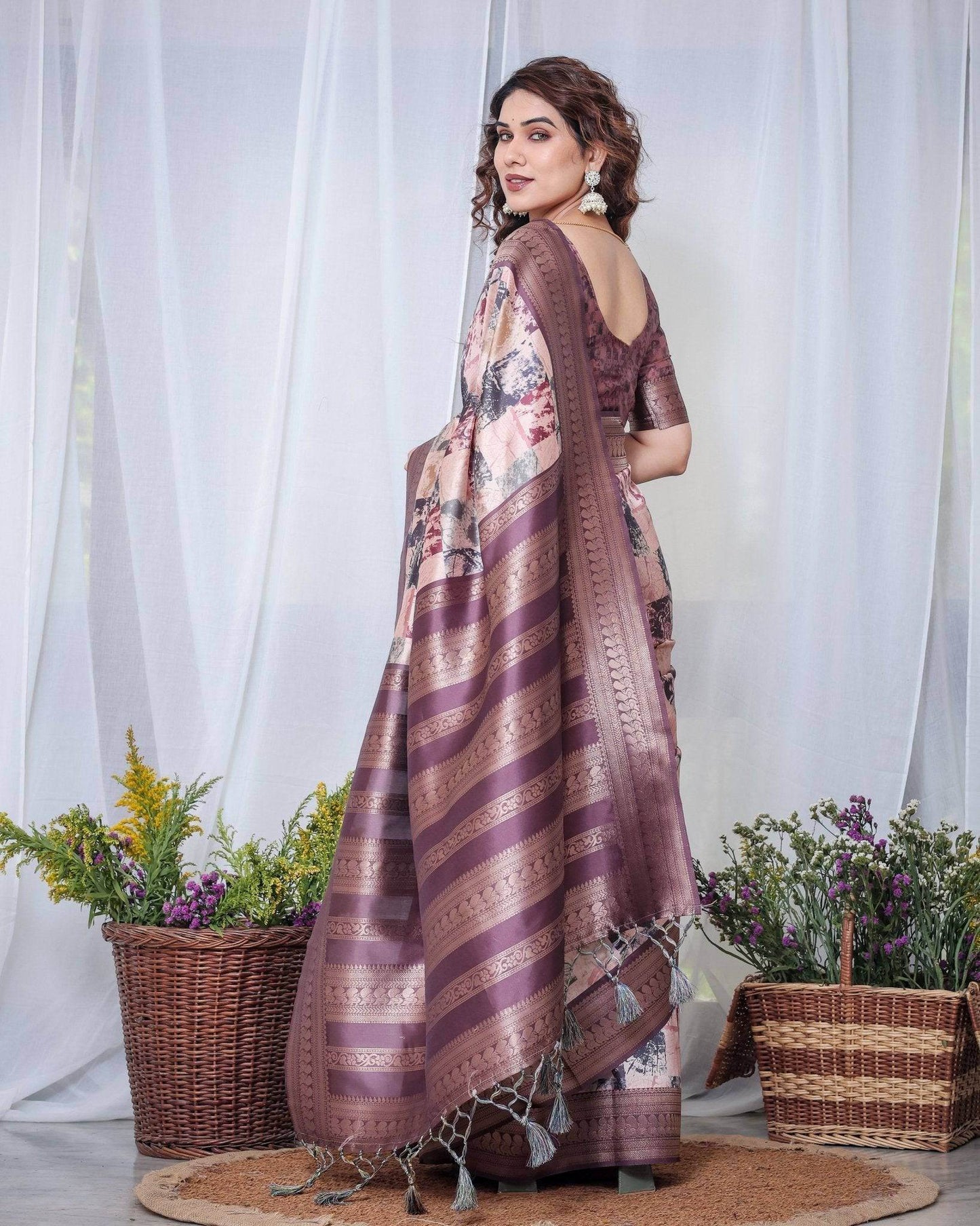 Mauve Banarasi Silk Saree with Abstract Checkered Digital Print, Zari Border & Tassel Pallu - SEEANS