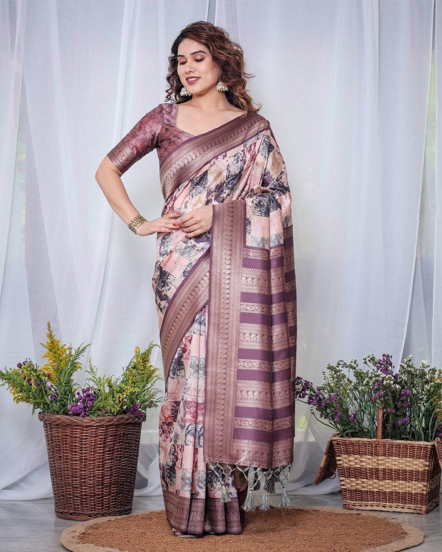 Mauve Banarasi Silk Saree with Abstract Checkered Digital Print, Zari Border & Tassel Pallu - SEEANS