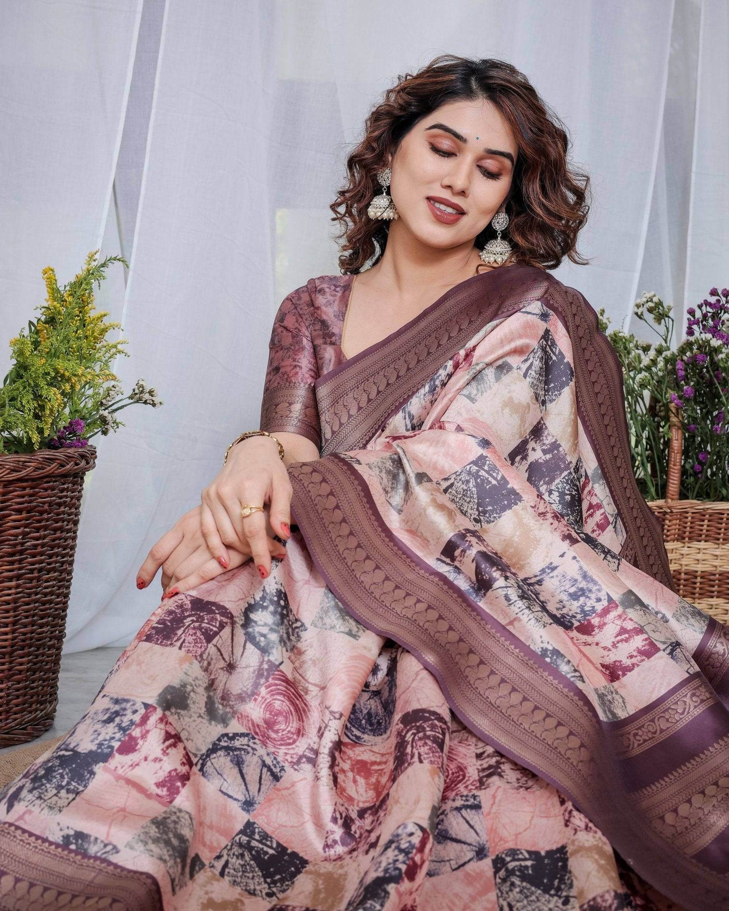 Mauve Banarasi Silk Saree with Abstract Checkered Digital Print, Zari Border & Tassel Pallu - SEEANS