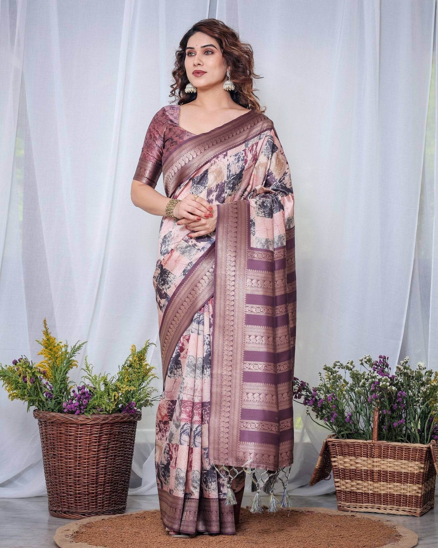 Mauve Banarasi Silk Saree with Abstract Checkered Digital Print, Zari Border & Tassel Pallu - SEEANS