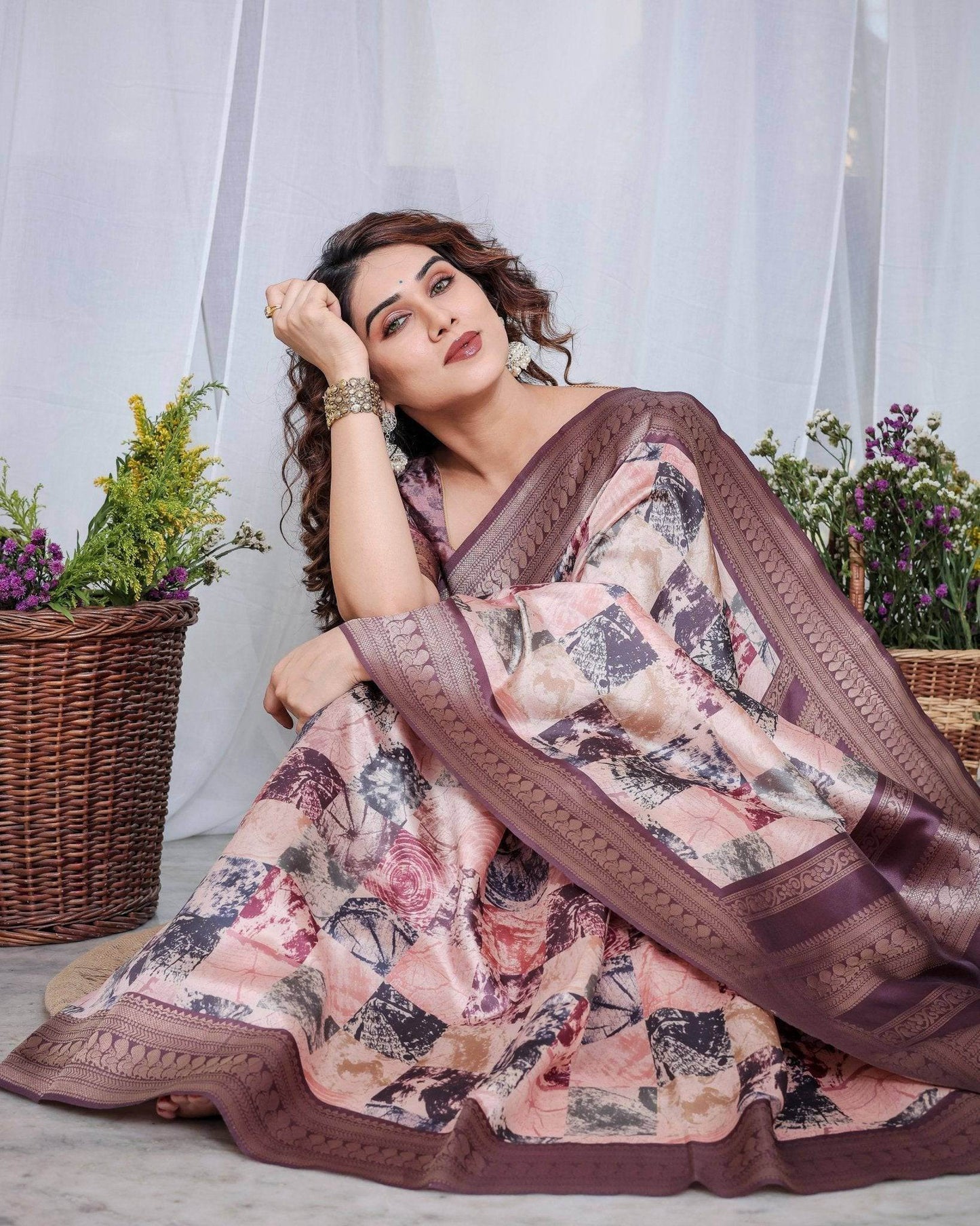 Mauve Banarasi Silk Saree with Abstract Checkered Digital Print, Zari Border & Tassel Pallu - SEEANS
