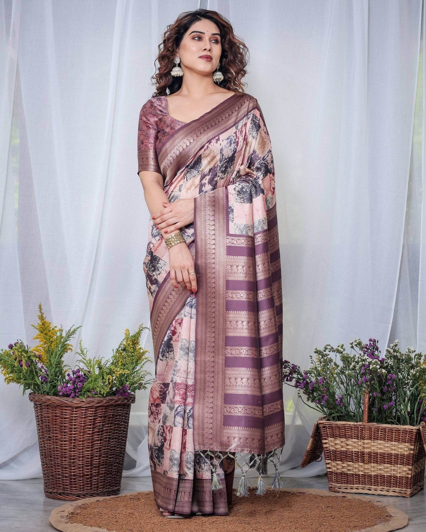 Mauve Banarasi Silk Saree with Abstract Checkered Digital Print, Zari Border & Tassel Pallu - SEEANS