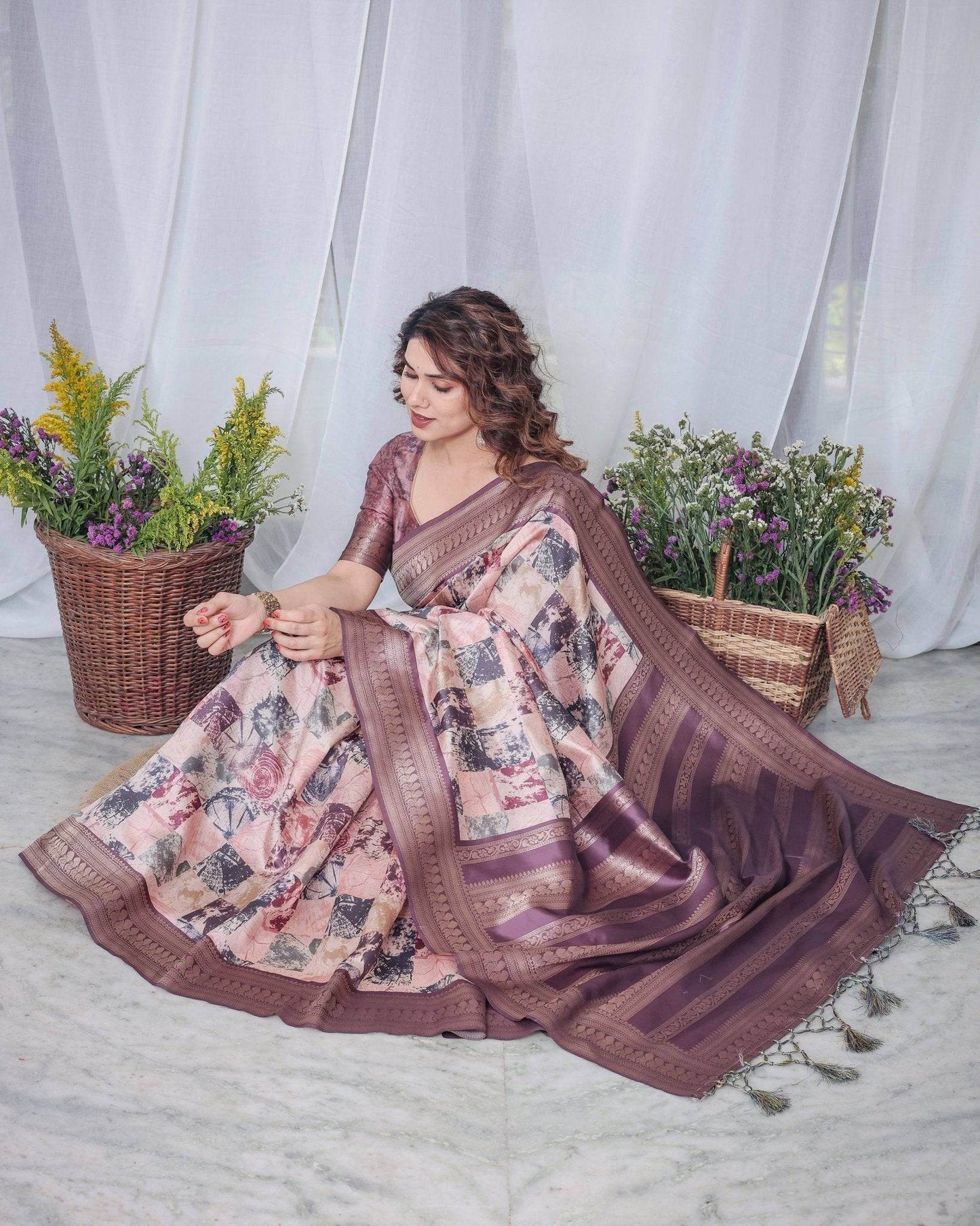 Mauve Banarasi Silk Saree with Abstract Checkered Digital Print, Zari Border & Tassel Pallu - SEEANS