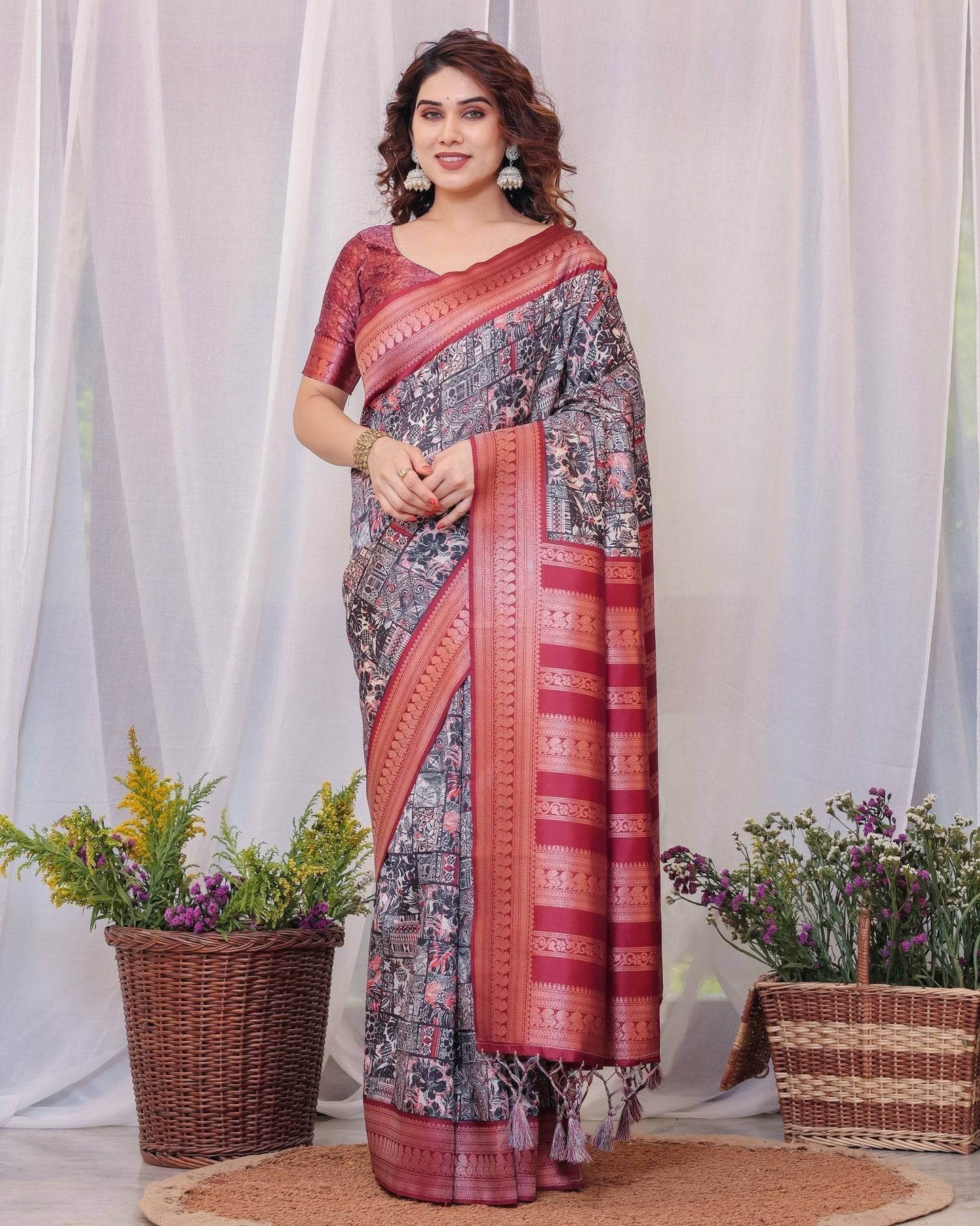 Maroon Banarasi Silk Saree with Intricate Patchwork Digital Print & Zari Border - SEEANS